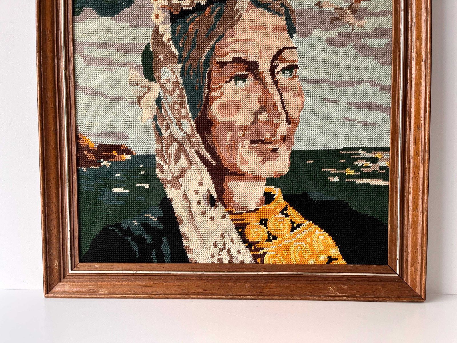 Vintage French Tapestry Portrait Of A Breton Woman "La Bigoudene", Framed 1950s Knitted Picture photo 142.0