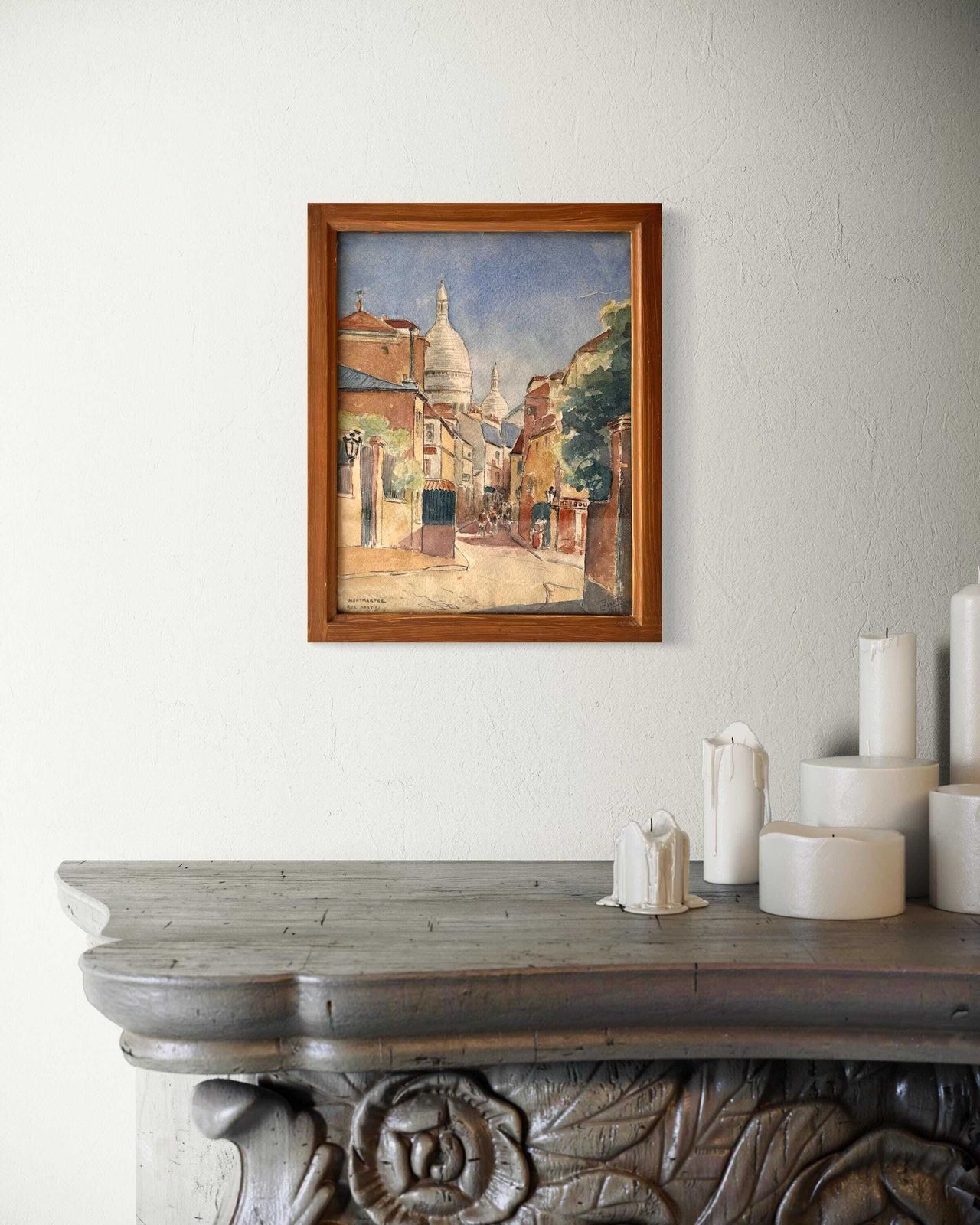 Aquarel met Parijs straatgezicht in Montmartre, 1927 – antiek schilderij photo furniture