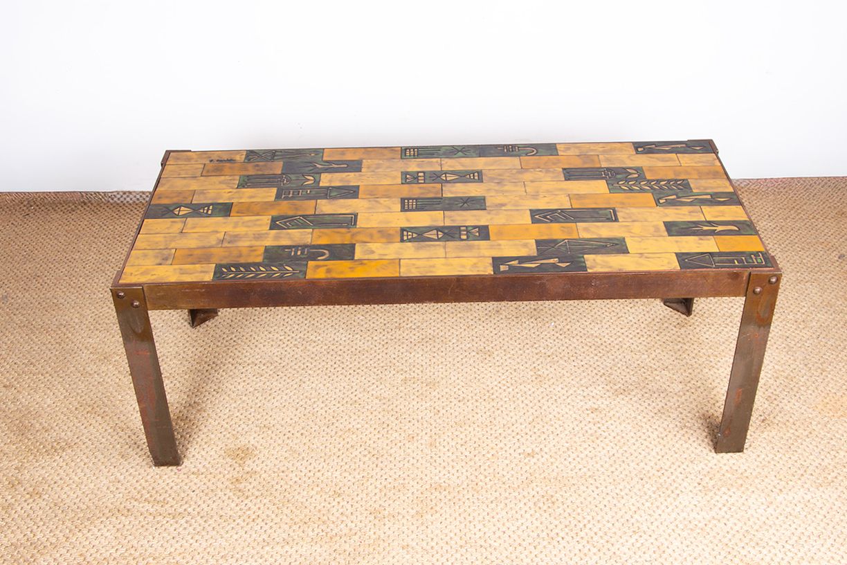 Table basse en céramique émaillée, pied en acier, par Jean Garbero, Vallauris, 1950 photo for sale