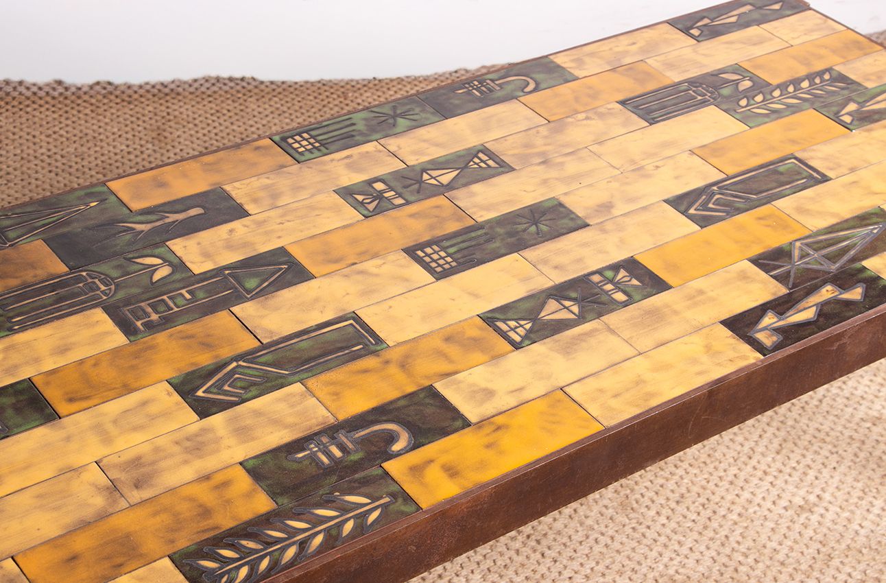 photo for sale Table basse en céramique émaillée, pied en acier, par Jean Garbero, Vallauris, 1950