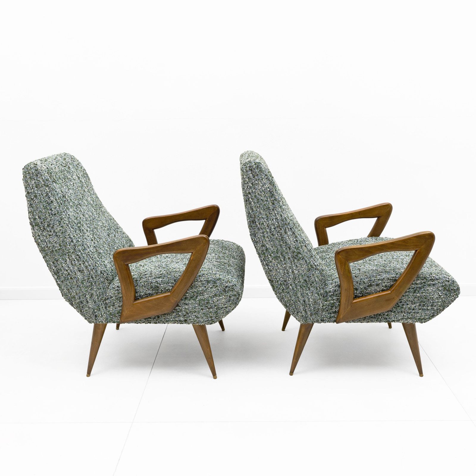 Pair Of Italian Mid Century Modern Armchairs With Sculptural Wooden Arms photo for sale