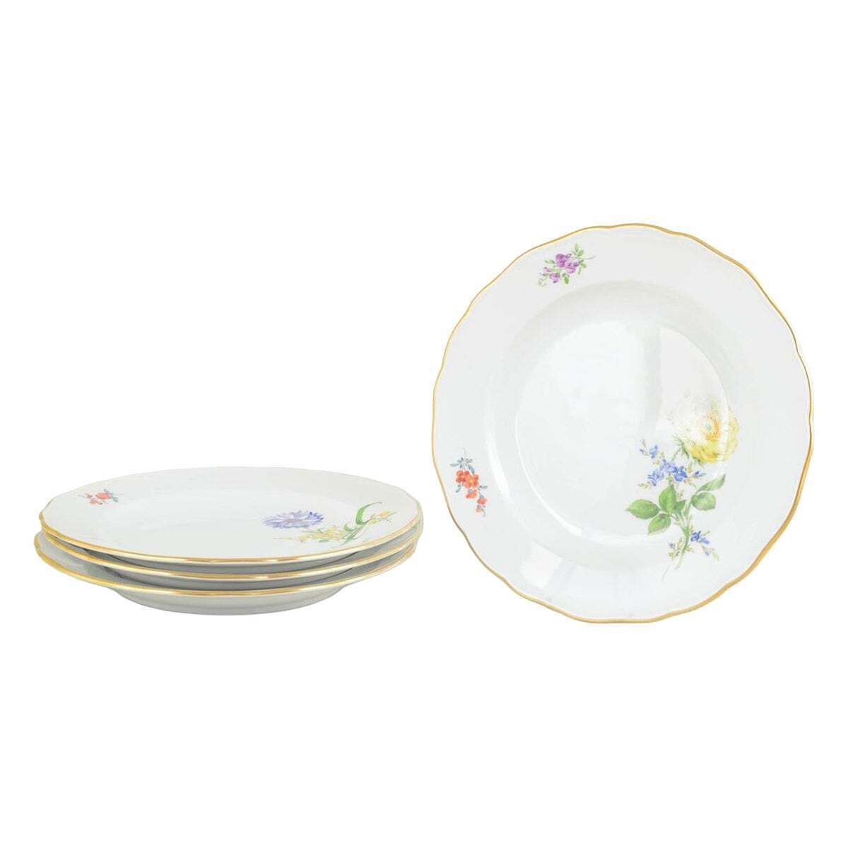 Meissen. Four Antique Porcelain Plates With Floral Decorations. Late 19th C.