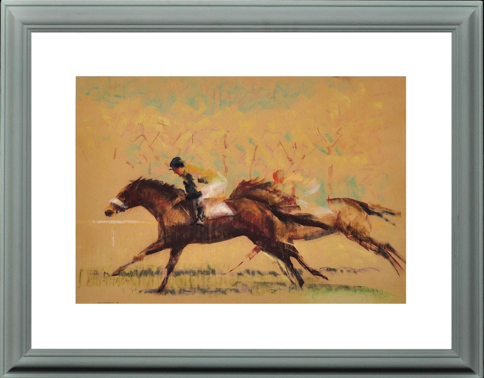 John Rattenbury Skeaping, 1901-1980. Into The Final Furlong, 1965. Dessin au pastel sur papier coloré représentant des chevaux de course, encadré. Mid-century, britannique.