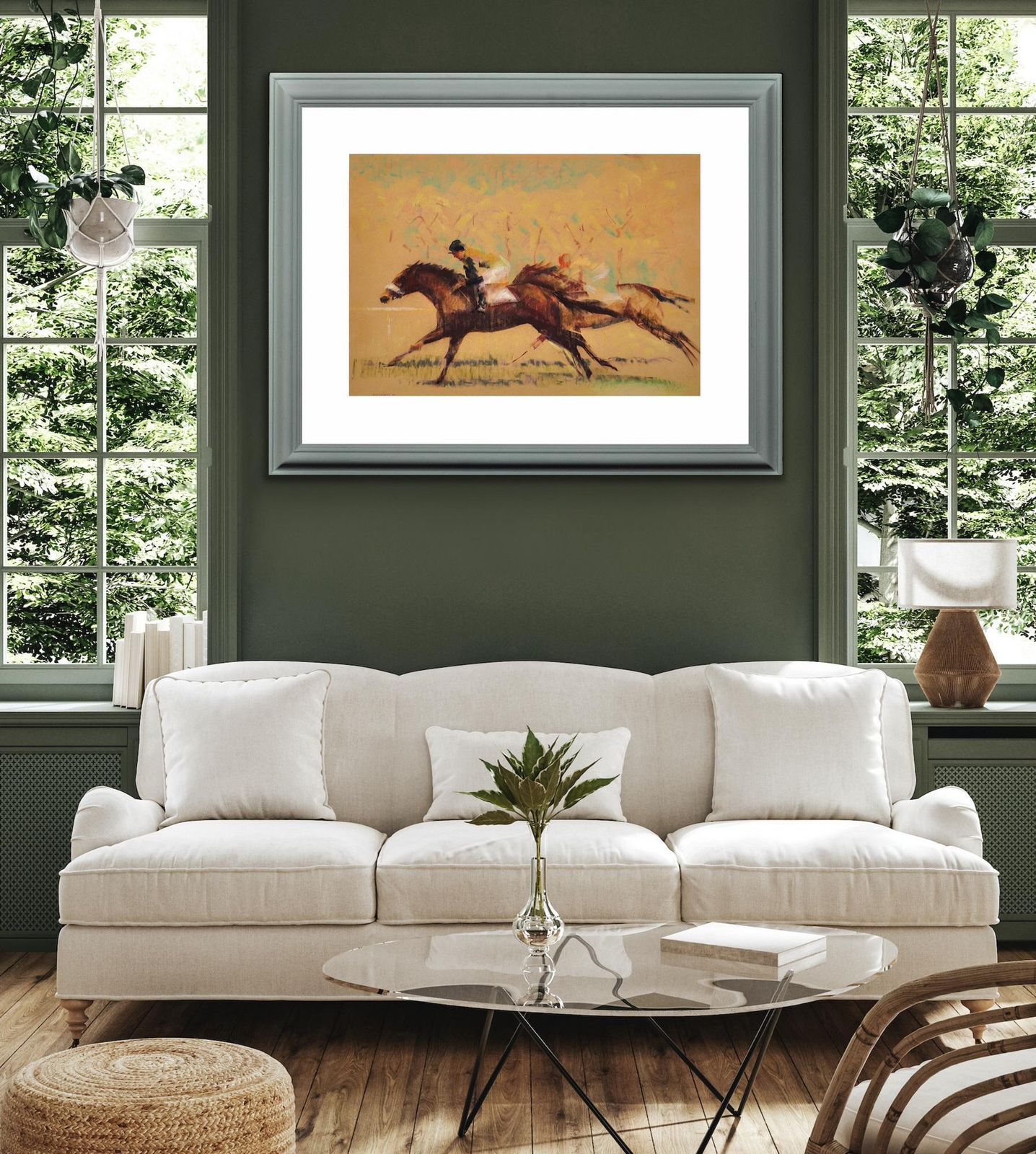 photo furniture John Rattenbury Skeaping, 1901-1980. Into The Final Furlong, 1965. Dessin au pastel sur papier coloré représentant des chevaux de course, encadré. Mid-century, britannique.