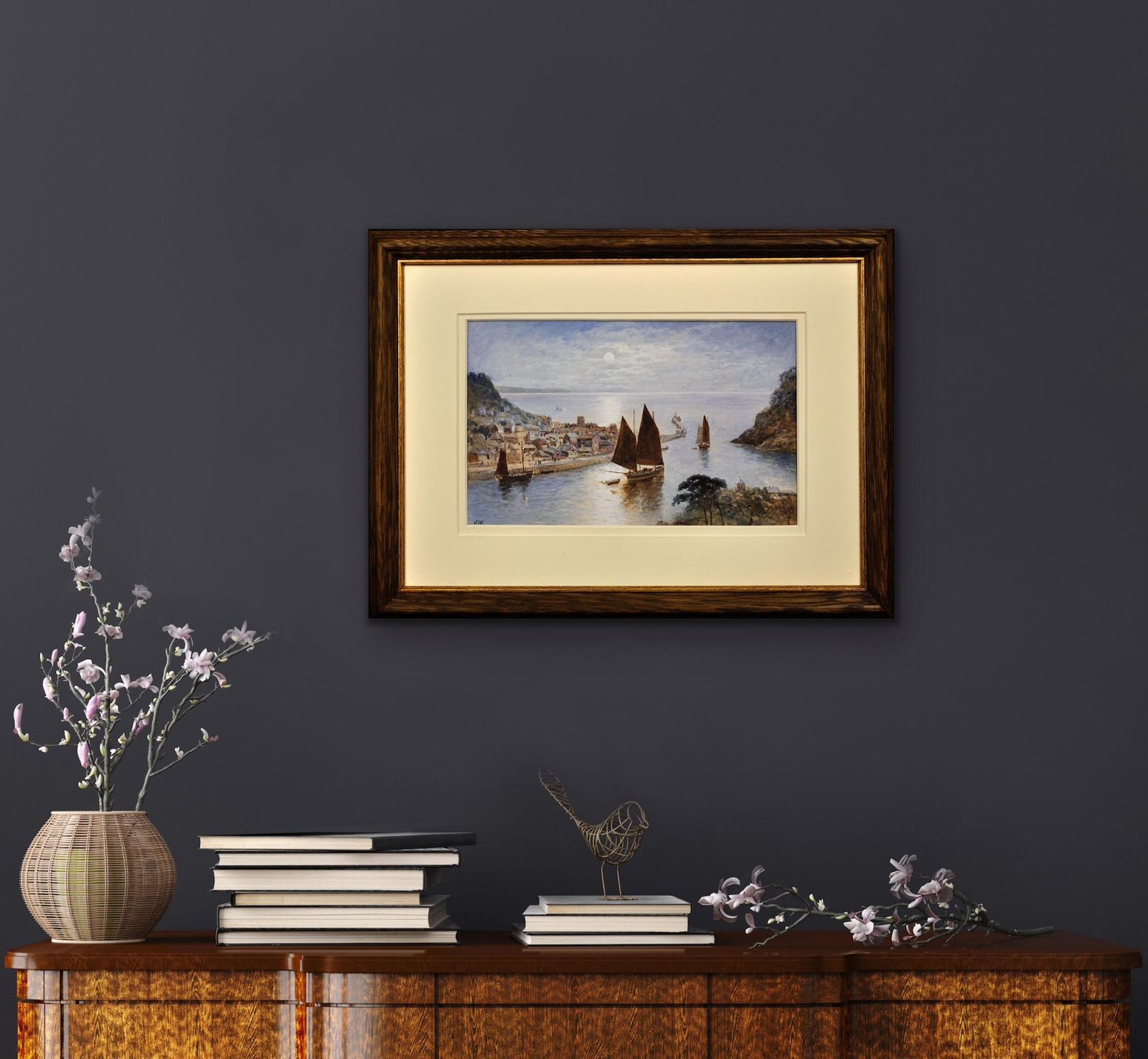 J. Wilson fl.1837 tot 1870. Engels. Looe Town & Harbour, Cornwall. Ingelijst Cornish aquarel. Luggers onder zeil. Ca. 1860. Victoriaans. photo vinterior