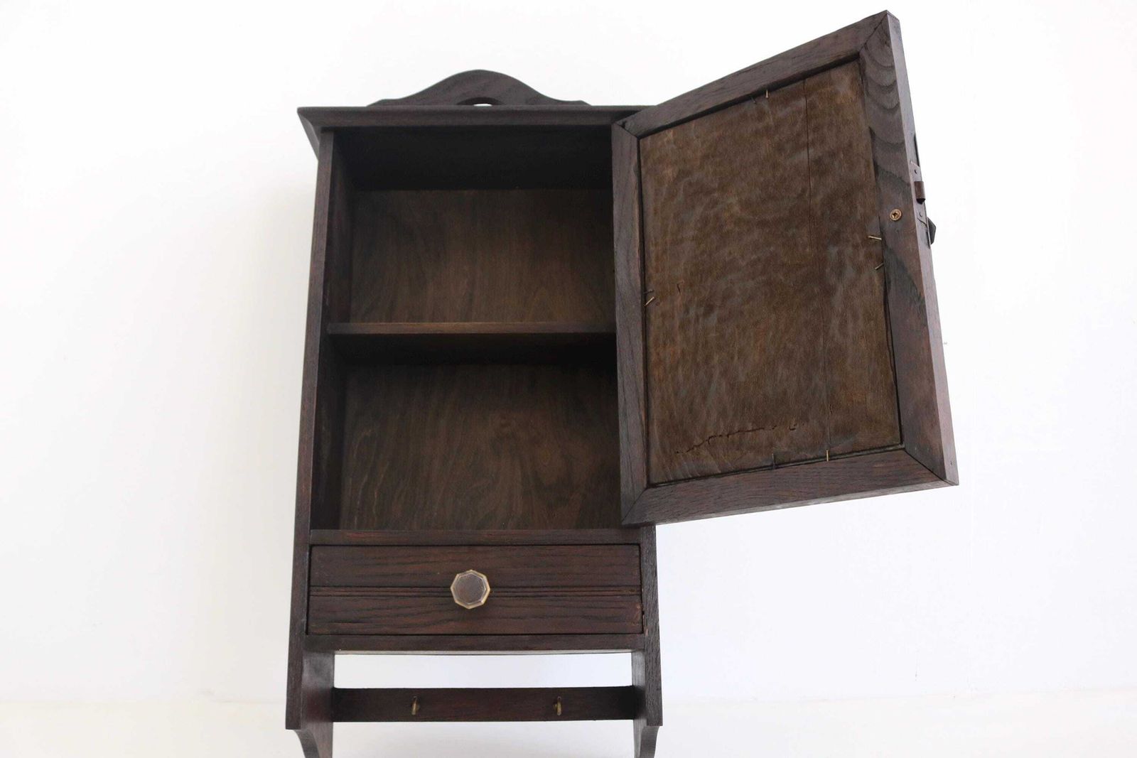 Antiek Eikenhouten Wandkastje met Spiegel, Lade & Haken, art deco Gangkast photo vintage