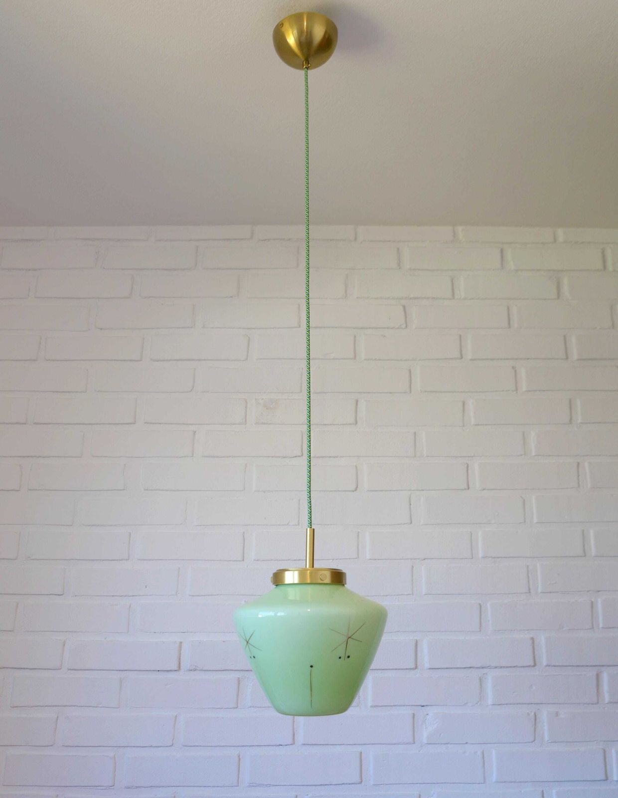 Vintage Space Age Mint Green Opaline Glass Pendant Light | Mid Century Modern | Hand Blown Glass | Brass Redesign photo furniture
