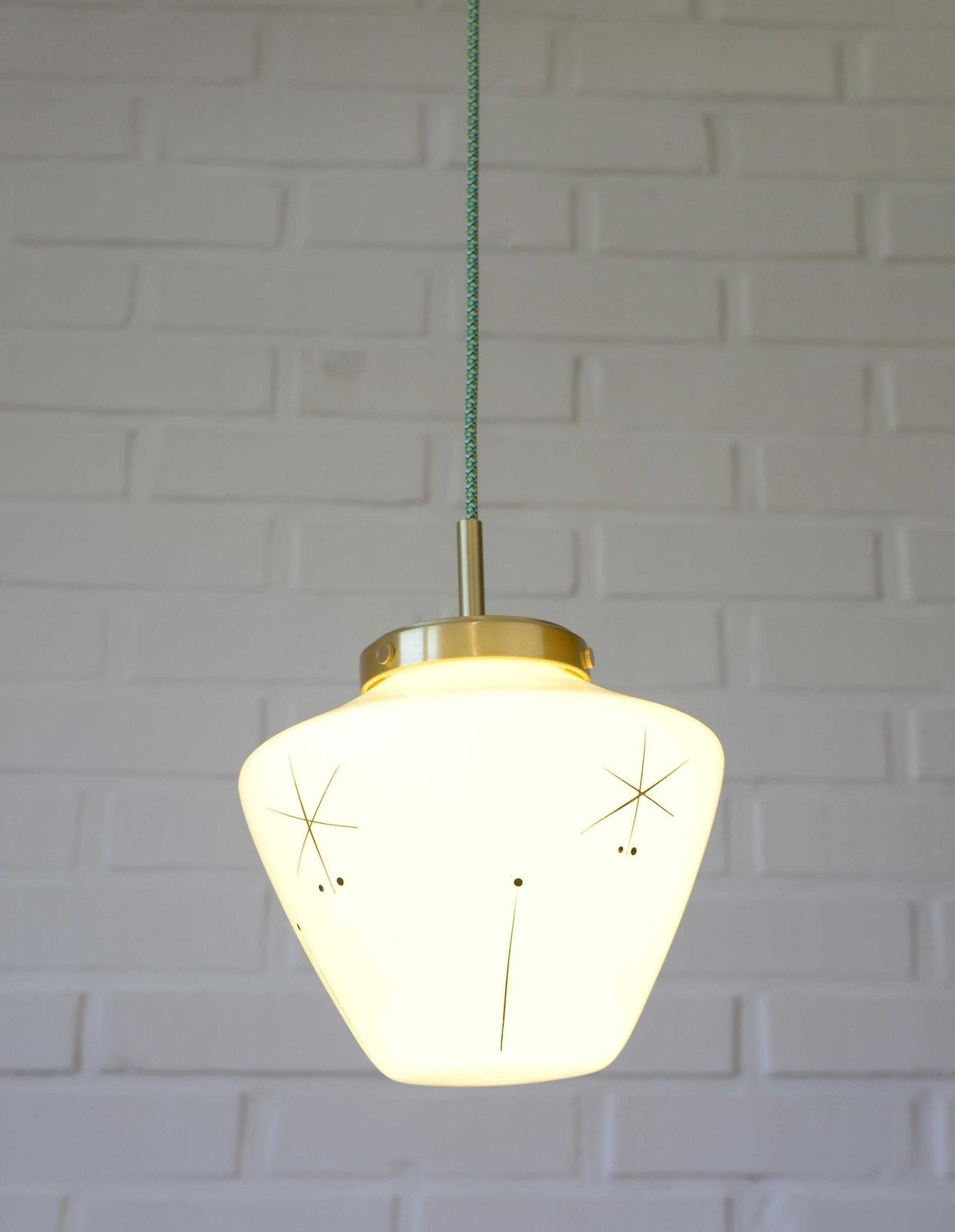 Vintage Space Age Mint Green Opaline Glass Pendant Light | Mid Century Modern | Hand Blown Glass | Brass Redesign photo for sale