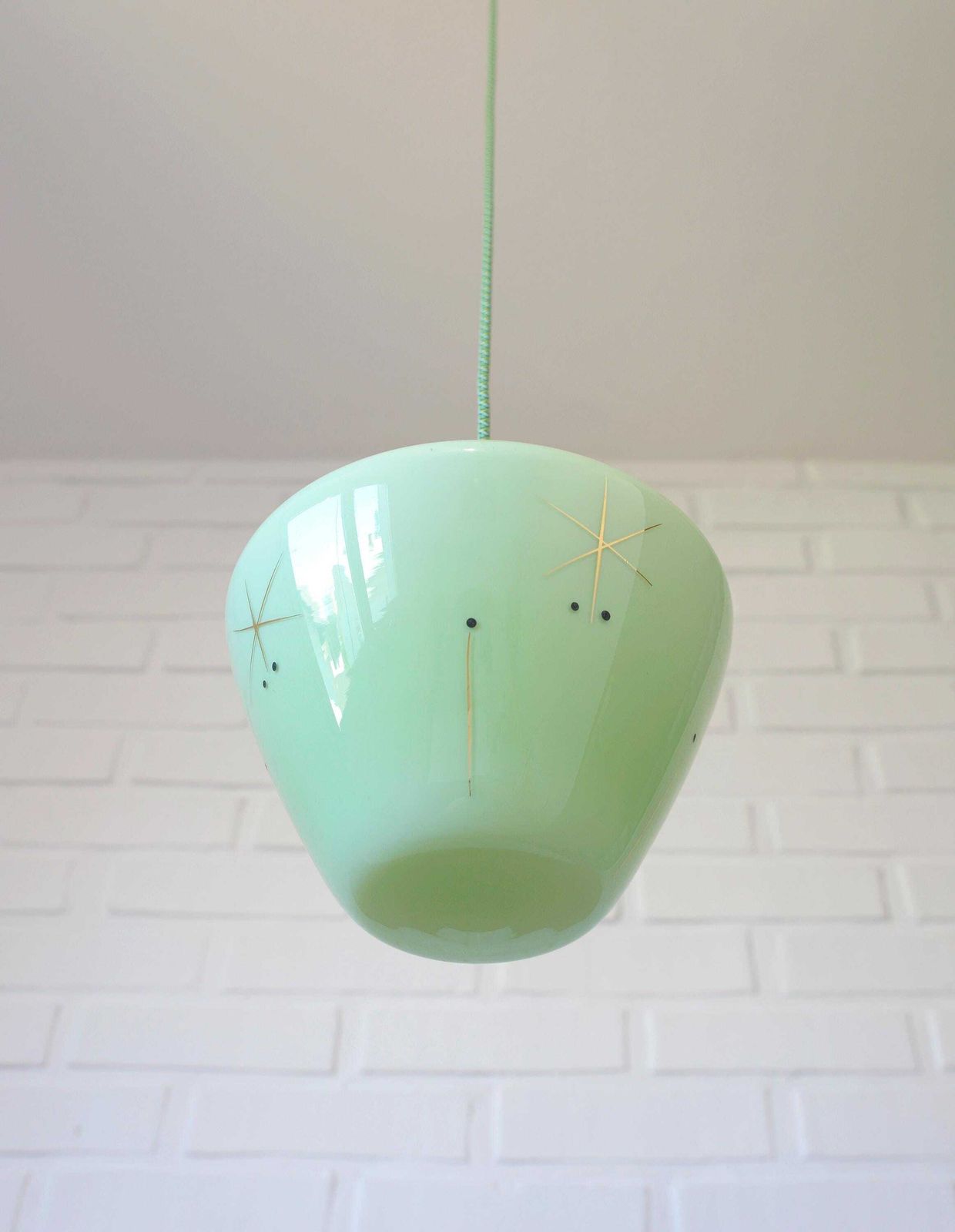 Vintage Space Age Mint Green Opaline Glass Pendant Light | Mid Century Modern | Hand Blown Glass | Brass Redesign photo 252.0