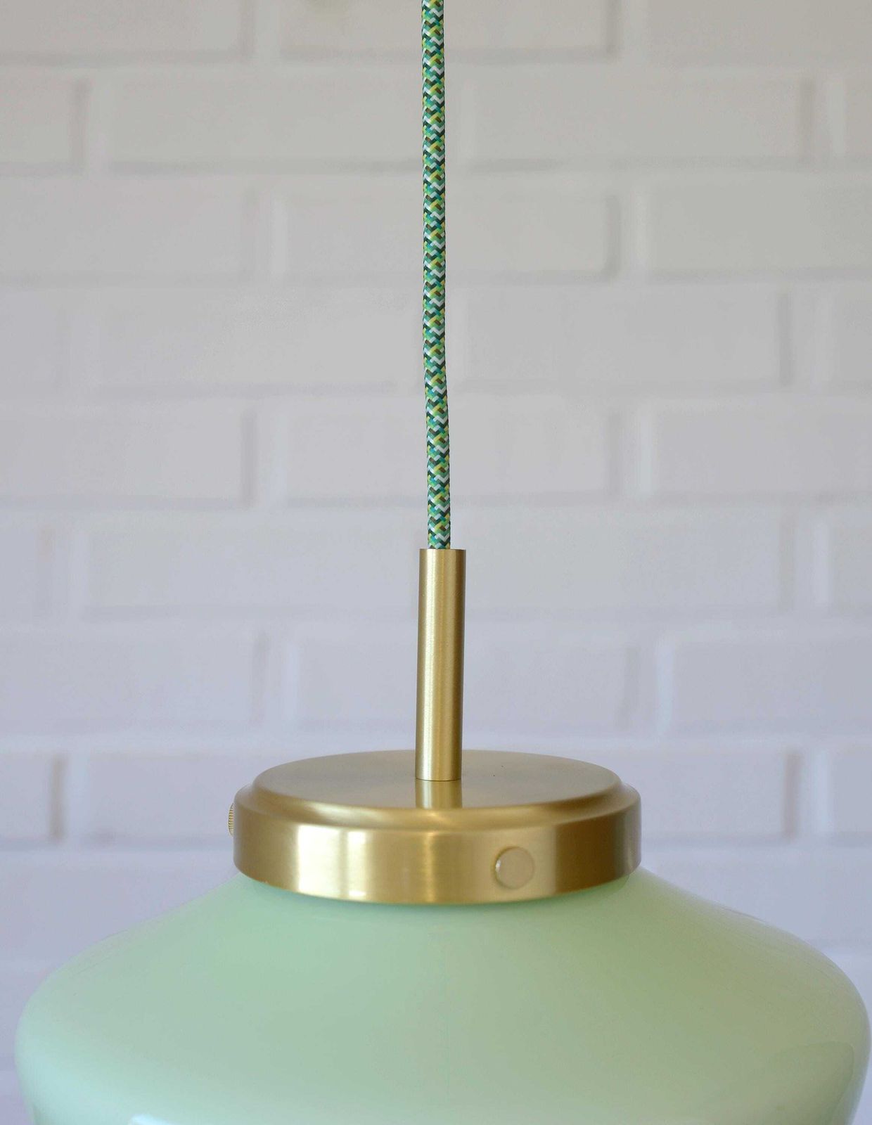 Vintage Space Age Mint Green Opaline Glass Pendant Light | Mid Century Modern | Hand Blown Glass | Brass Redesign photo vintage