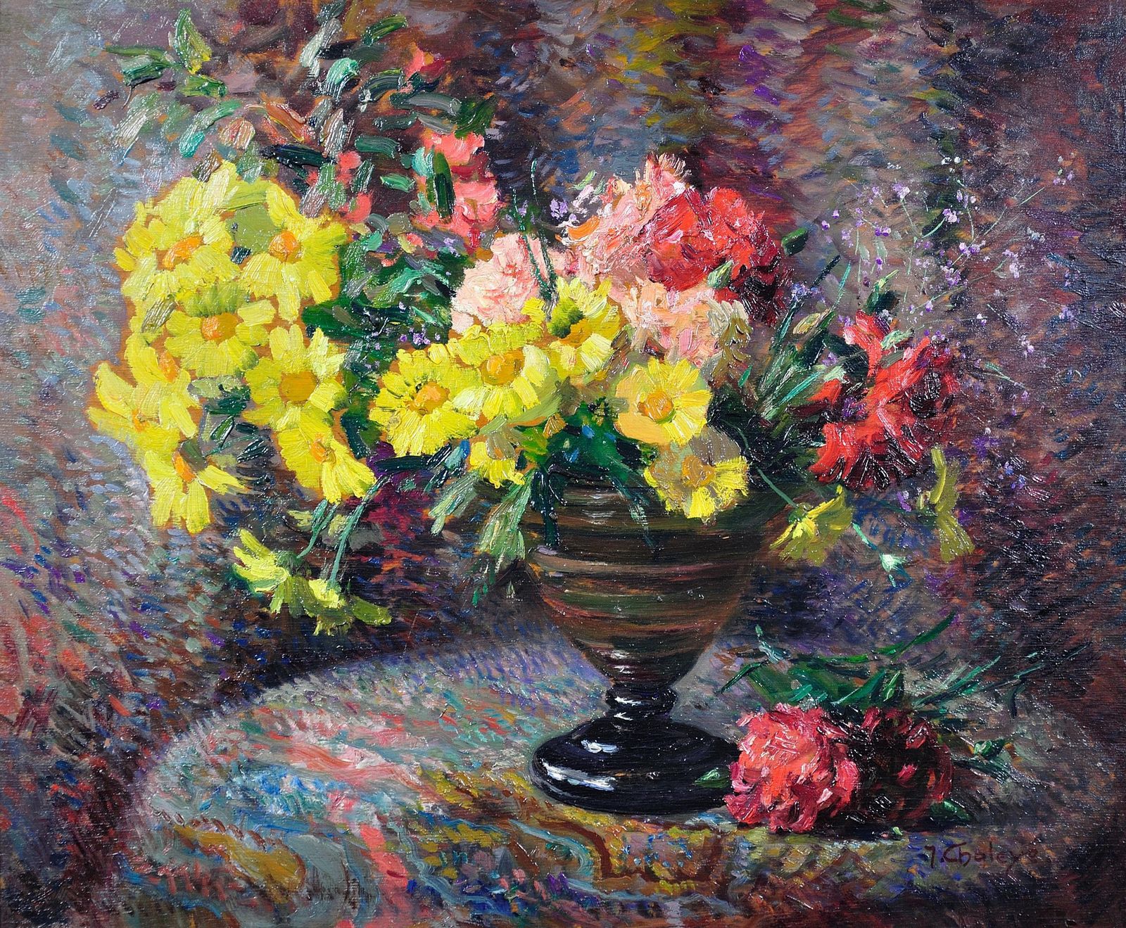 Jean Chaleye 1878 To 1960. French. Still Life Of Carnations & Marigolds. Framed Post Impressionistic Pointillism Oil Painting. photo furniture