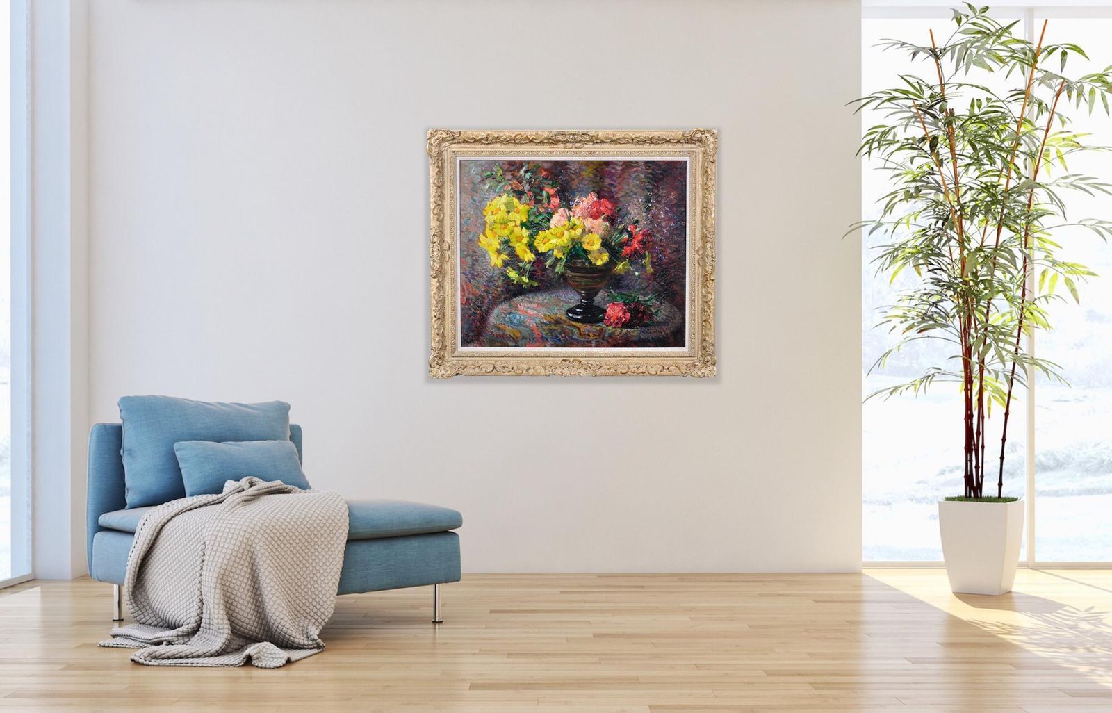 photo for sale Jean Chaleye, 1878-1960. Français. Nature morte aux œillets et soucis. Huile encadrée, post-impressionnisme pointilliste.
