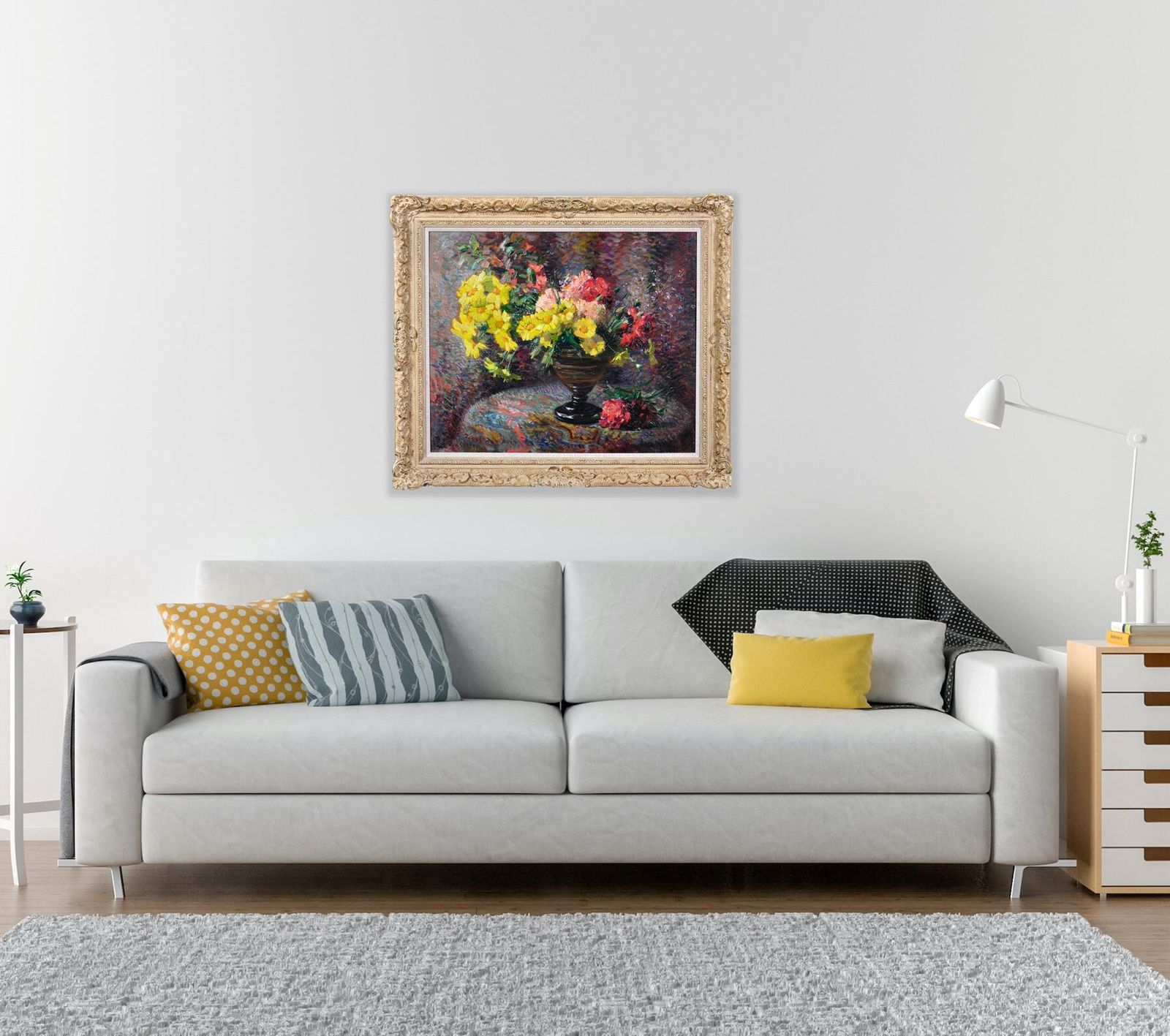 Art Jean Chaleye, 1878-1960. Français. Nature morte aux œillets et soucis. Huile encadrée, post-impressionnisme pointilliste. photo