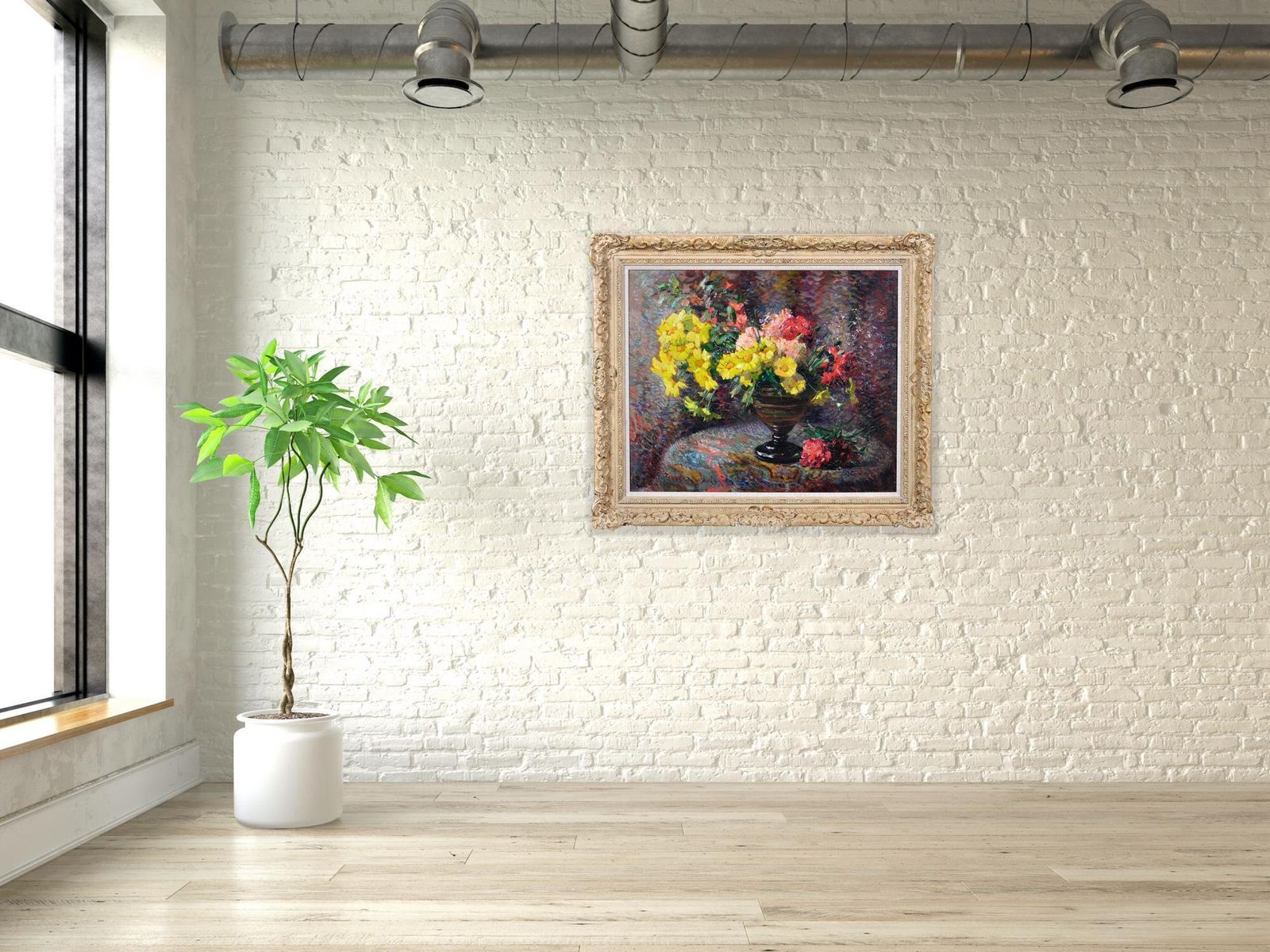 photo vinterior Jean Chaleye 1878 To 1960. French. Still Life Of Carnations & Marigolds. Framed Post Impressionistic Pointillism Oil Painting.