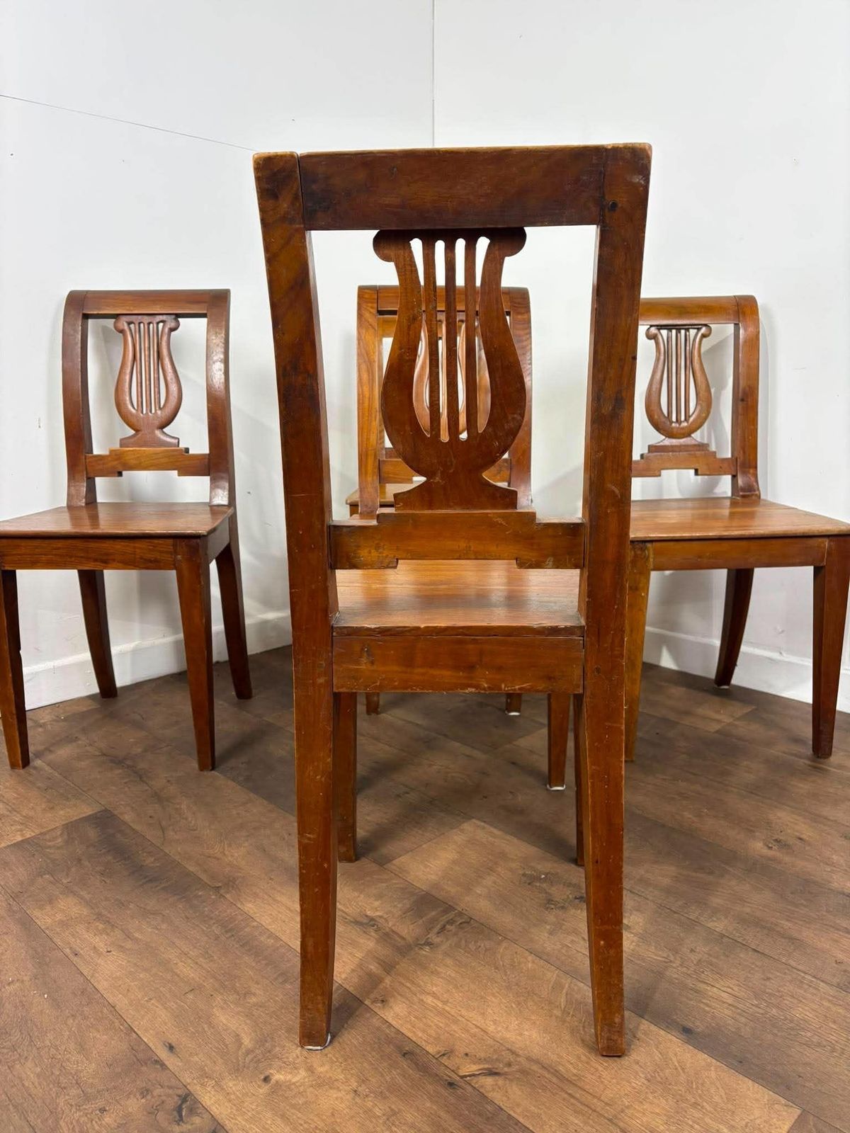 Antique Set Of Five Mahogany Lyre Back Dining Chairs photo for sale