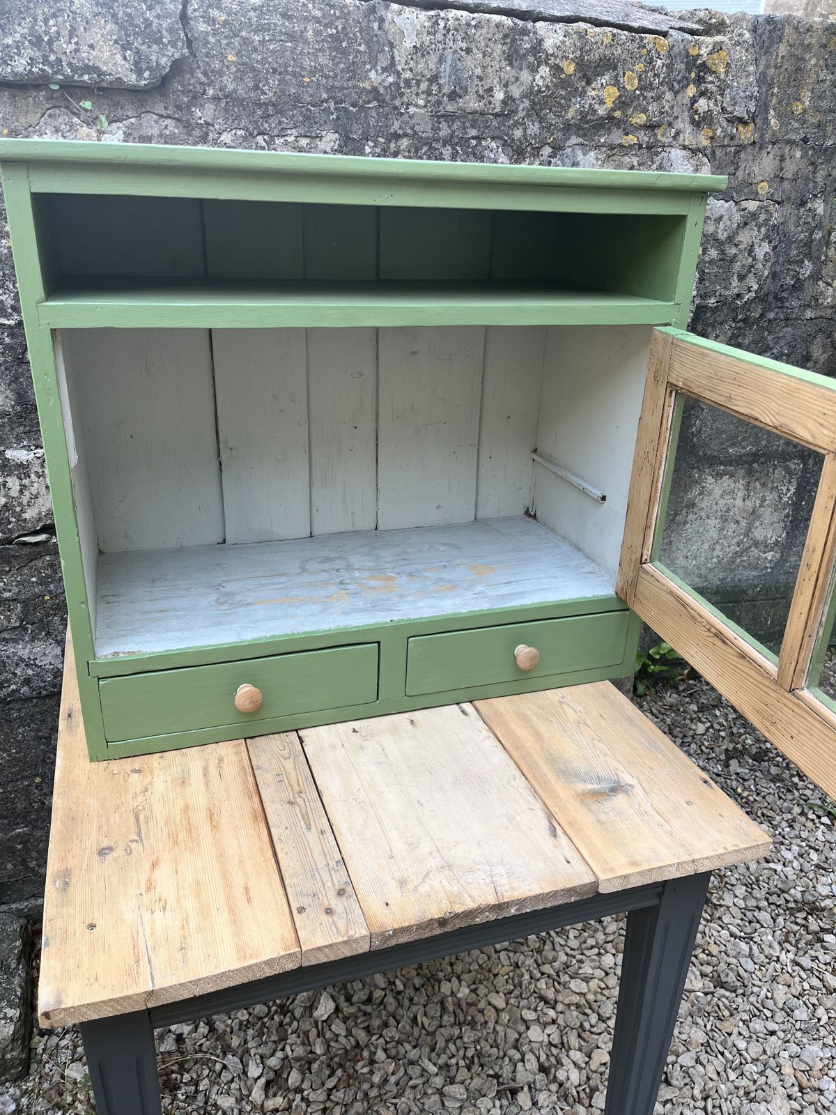 Small Green Continental Painted Glazed Cupboard With 2 Drawers photo for sale