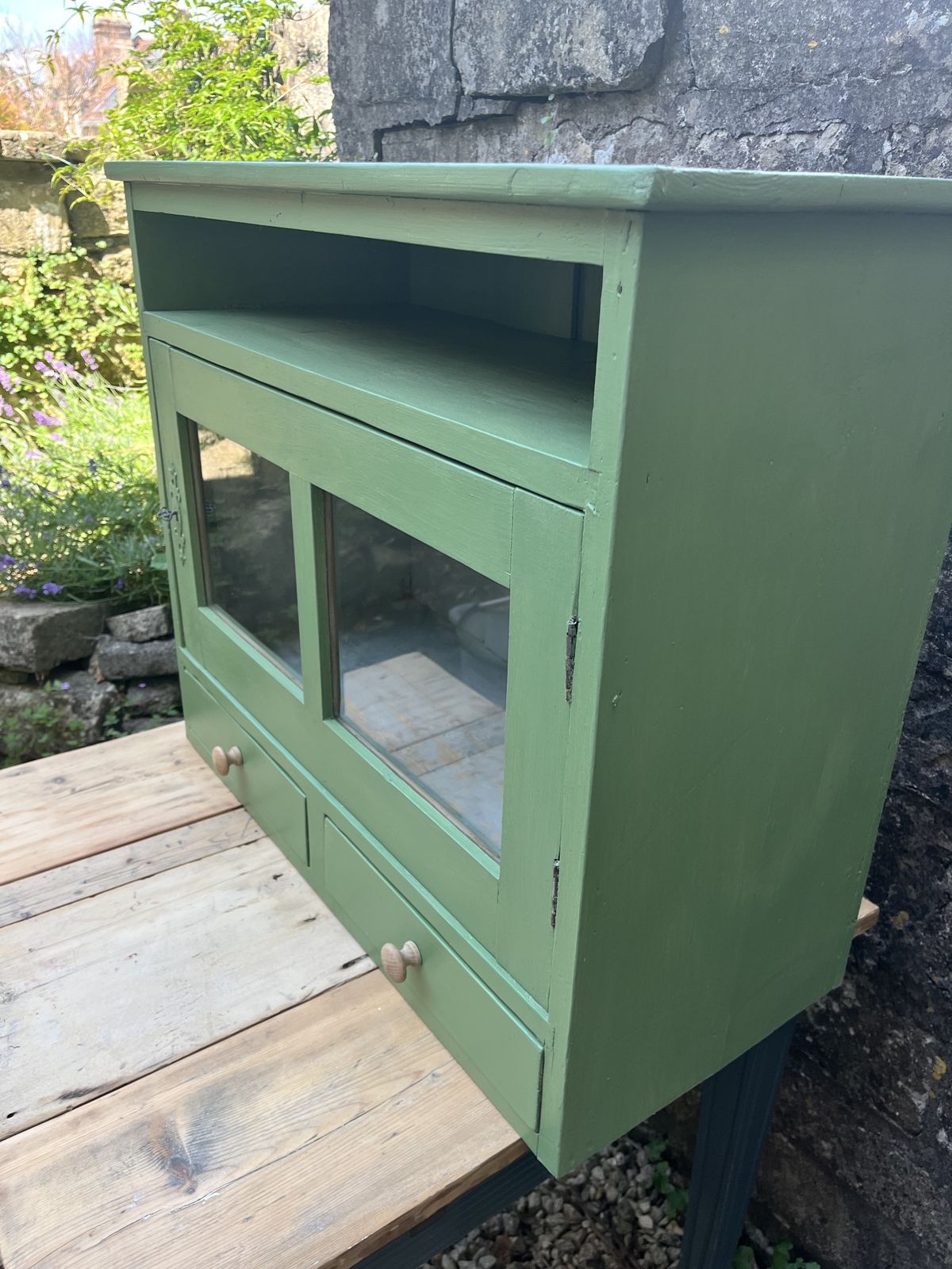 Small Green Continental Painted Glazed Cupboard With 2 Drawers photo 195.0