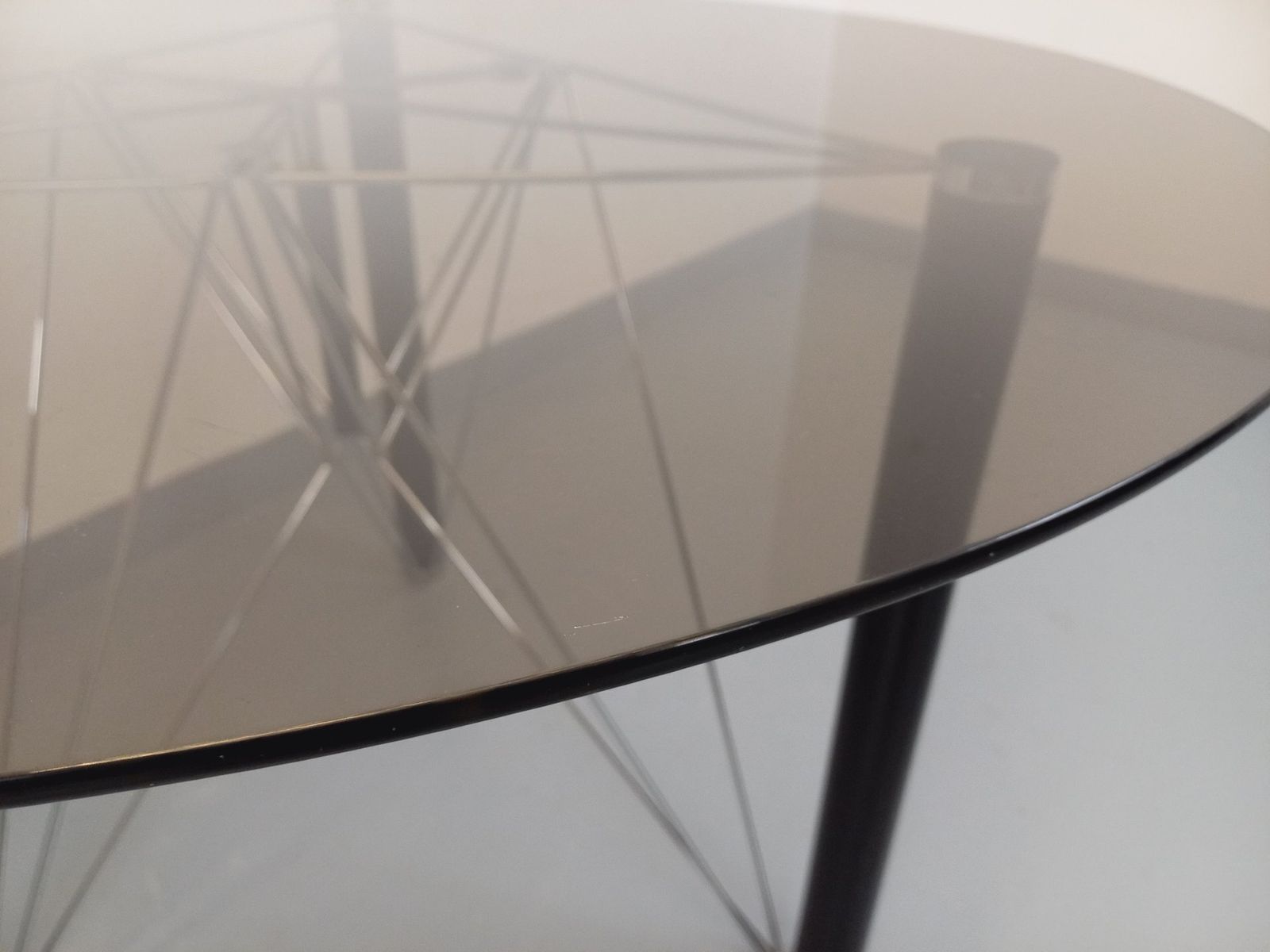 Round Table In Smoked Glass, Black Metal And Chrome Metal photo vinterior