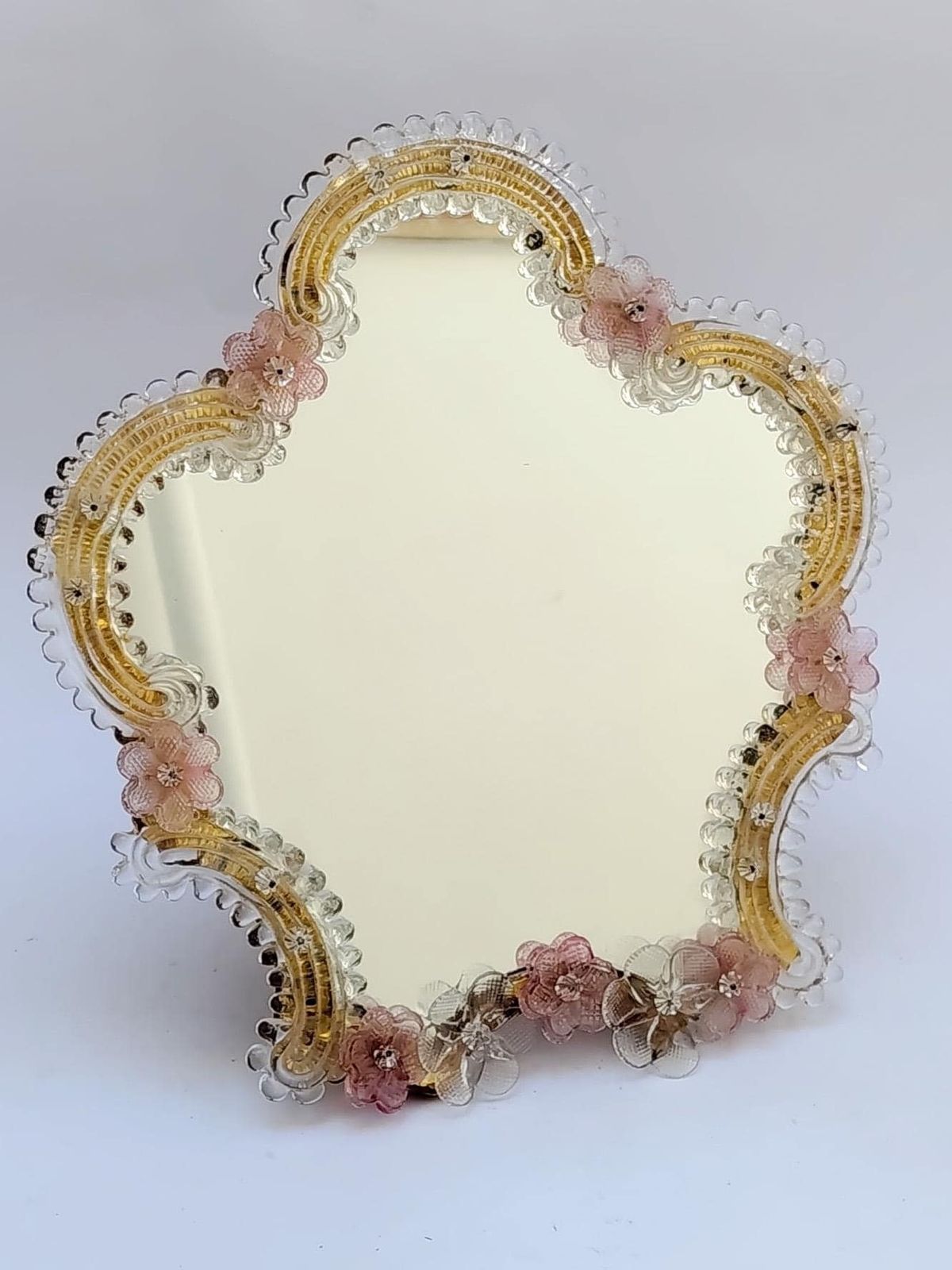 Grand miroir de table à cadre en verre de Murano, roses Barovier, mid-century, 35 cm photo furniture