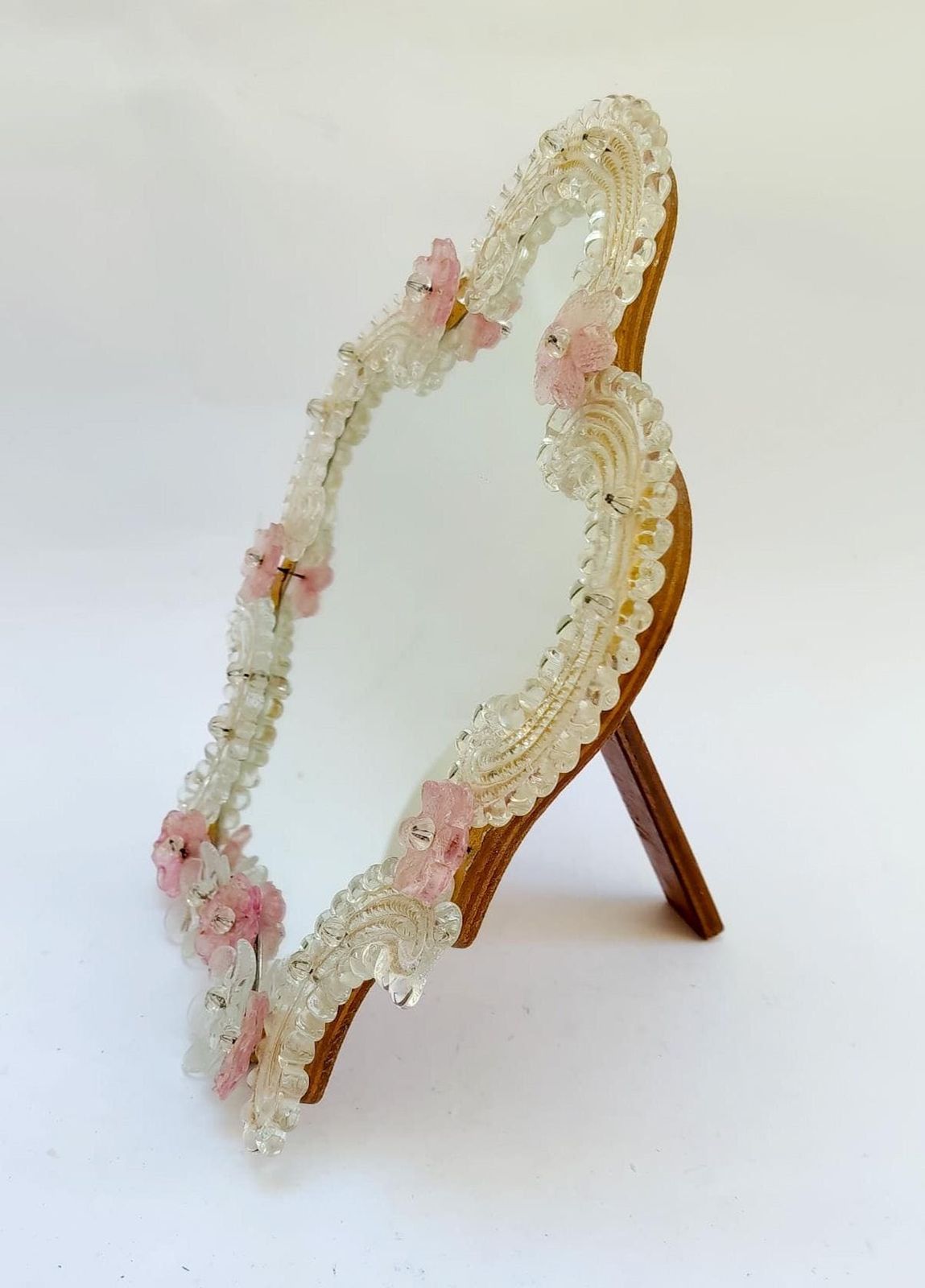 Grand miroir de table à cadre en verre de Murano, roses Barovier, mid-century, 35 cm photo Décoration
