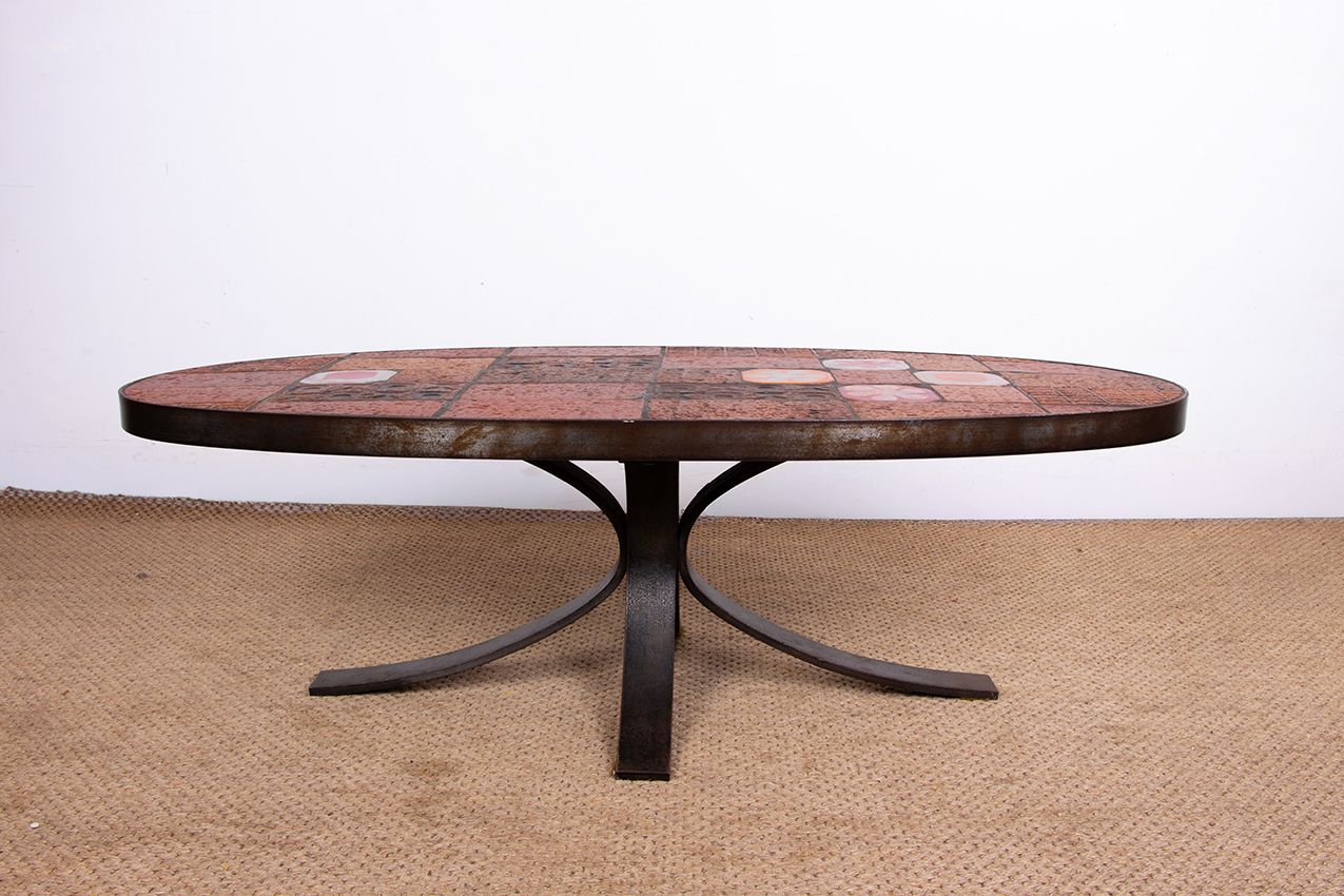 Lava Stone, Ceramic, And Steel Coffee Table By Jean Jaffeux, 1960. photo for sale