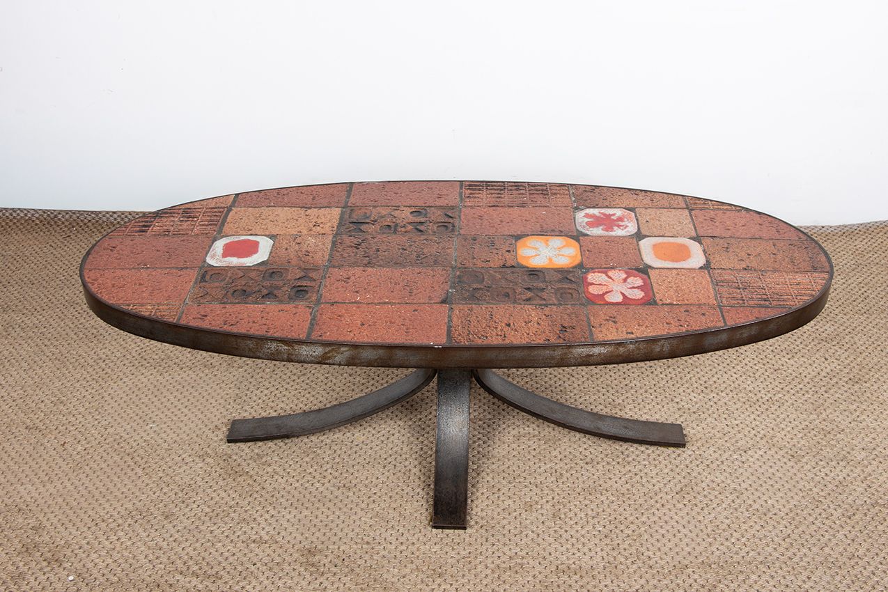 Lava Stone, Ceramic, And Steel Coffee Table By Jean Jaffeux, 1960.