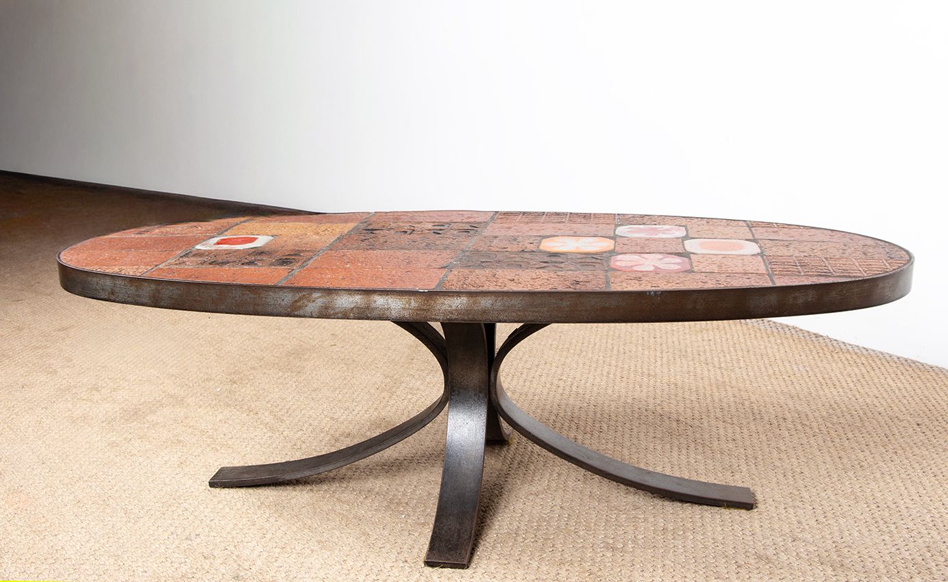 photo vinterior Lava Stone, Ceramic, And Steel Coffee Table By Jean Jaffeux, 1960.