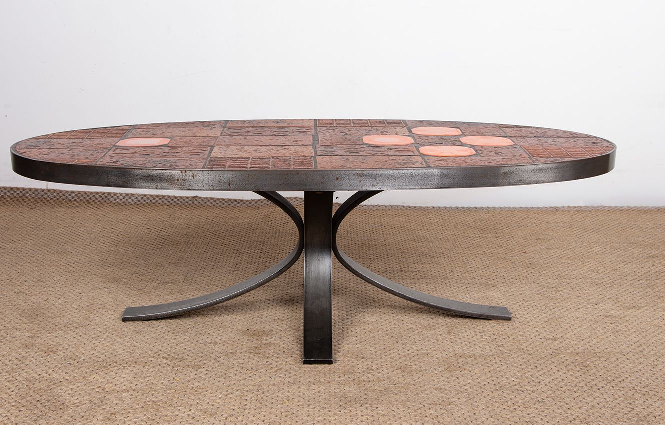 Table basse en pierre de lave, céramique et acier, par Jean Jaffeux, 1960. photo for sale