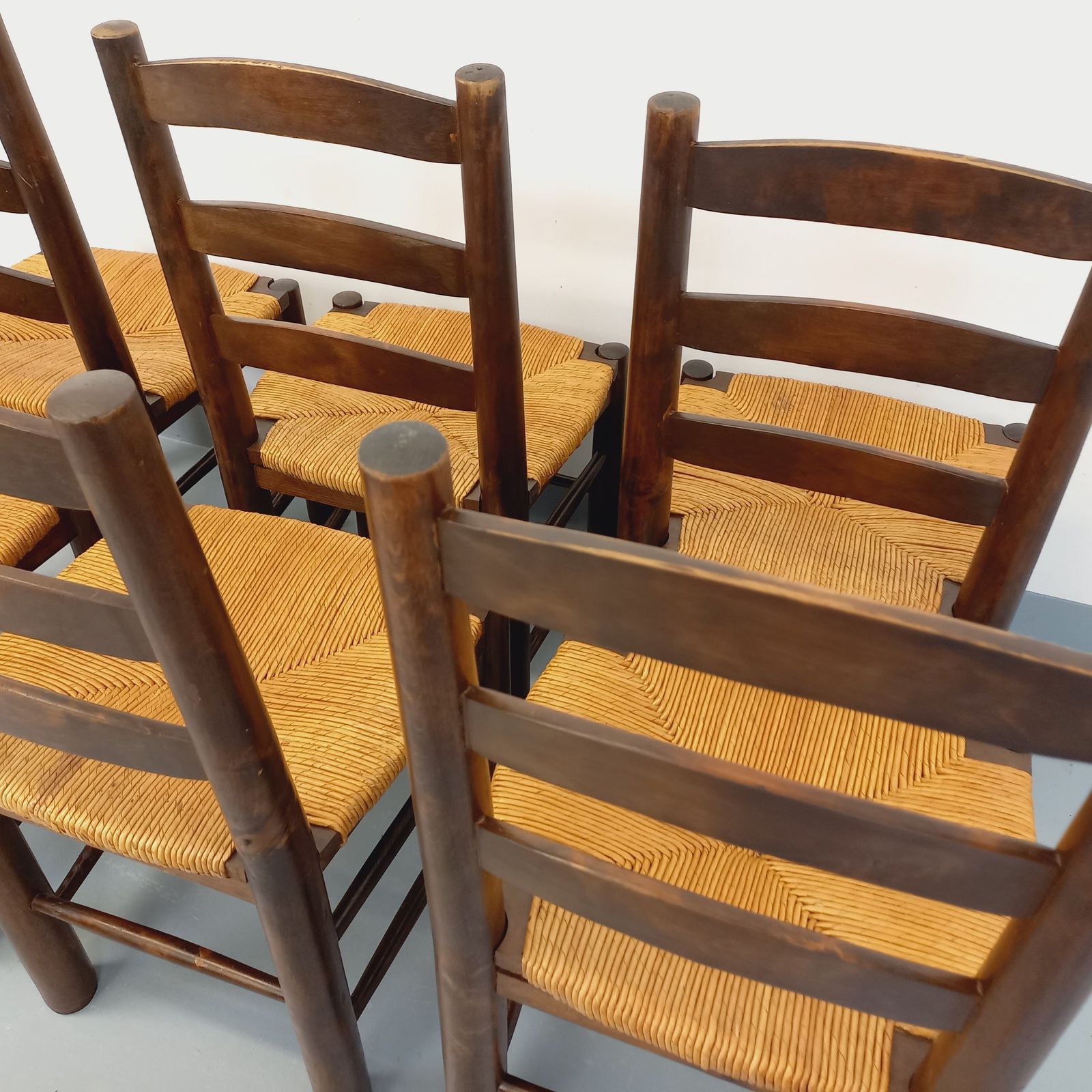 6 Brutalist Chairs By Georges Robert In Wood And Straw photo vintage