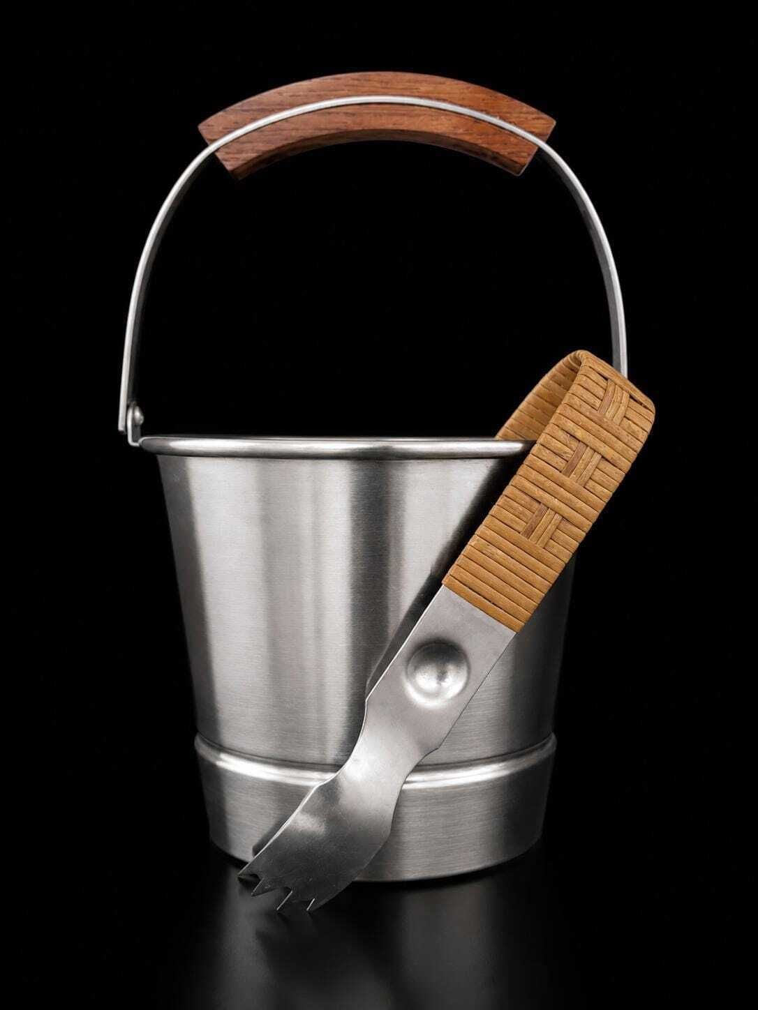 Vintage Lundtofte Denmark IJsemmer van Roestvrij Staal & Teak met Gevlochten IJstang – Scandinavian Modern Barware, ca. jaren 1960