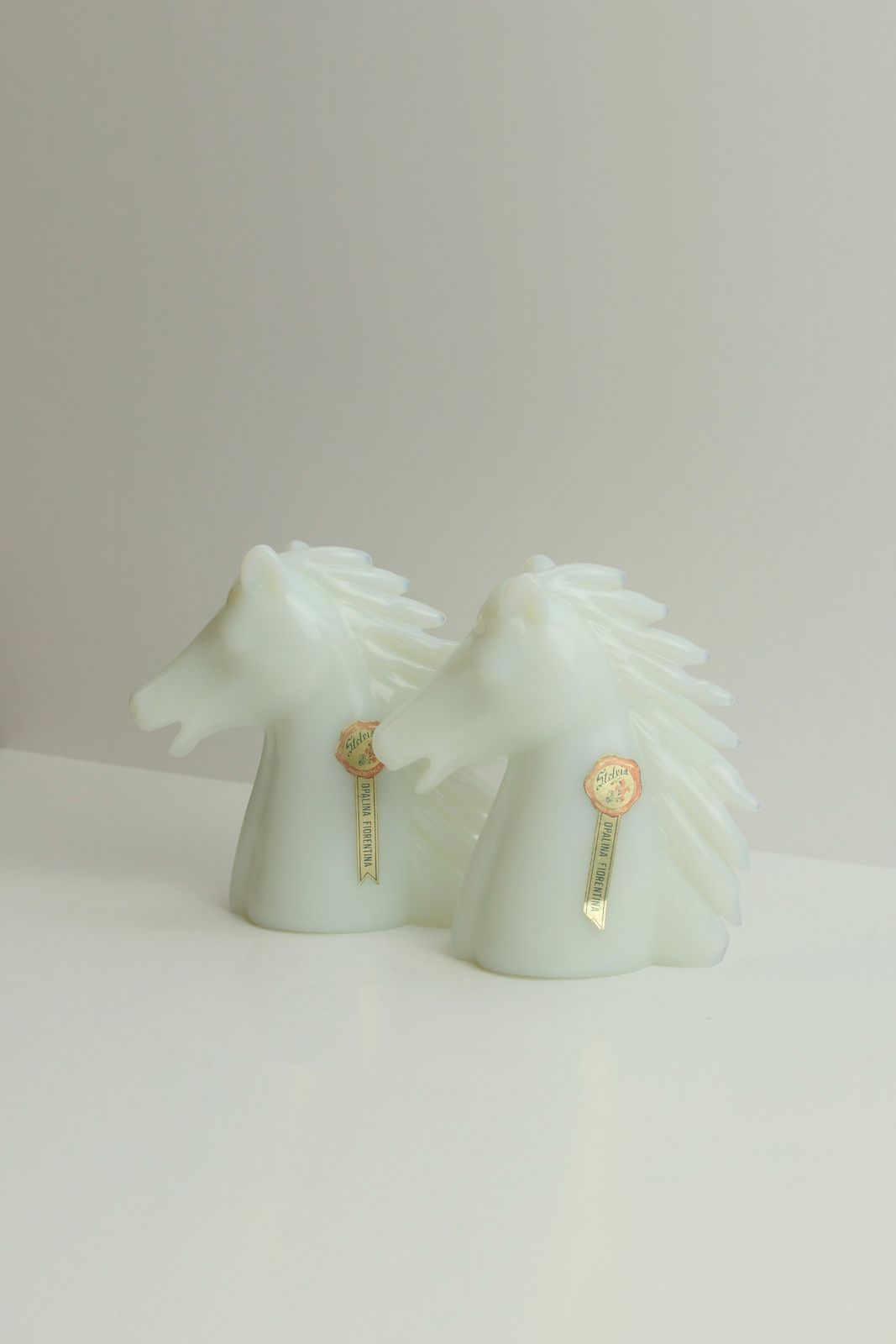 photo furniture Pair Of Stelvia Opalina Fiorentina Opaline Glass Horse Head Sculptures, Italy, 1960s