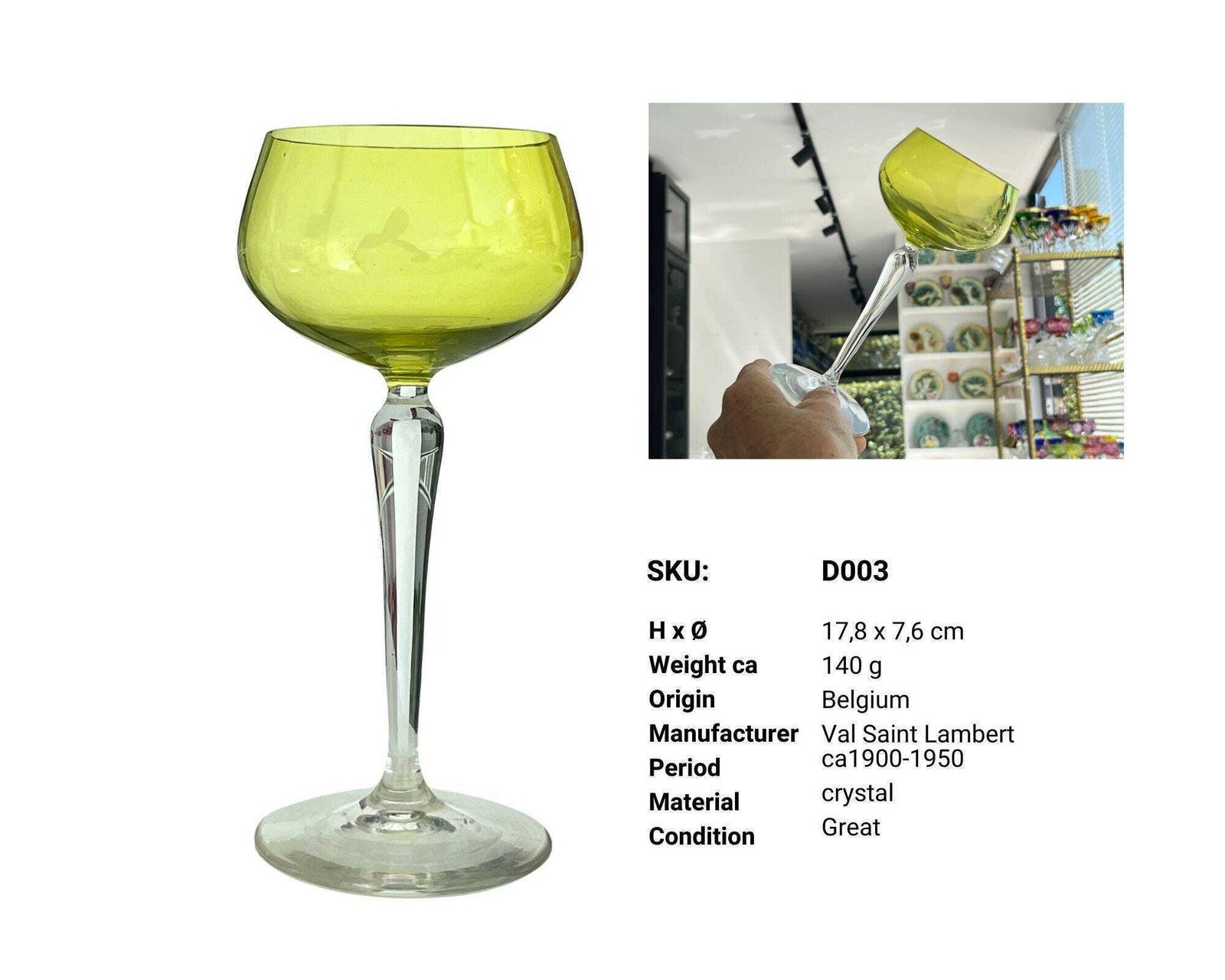 Verres à vin Val Saint Lambert en cristal | Lot de 6 | Vert chartreuse reseda photo for sale
