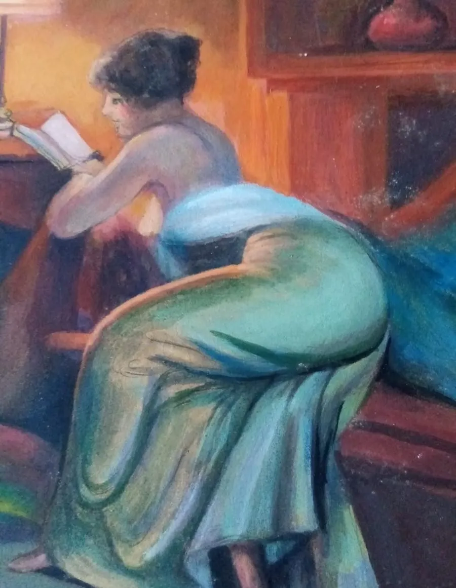 Antiek impressionistisch olieverfschilderij op paneel, portret van lezende vrouw | 20e eeuw photo furniture