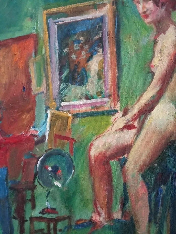 Antiek impressionistisch olieverfschilderij op paneel - Vrouwelijk naakt portret | 20e eeuw photo vintage