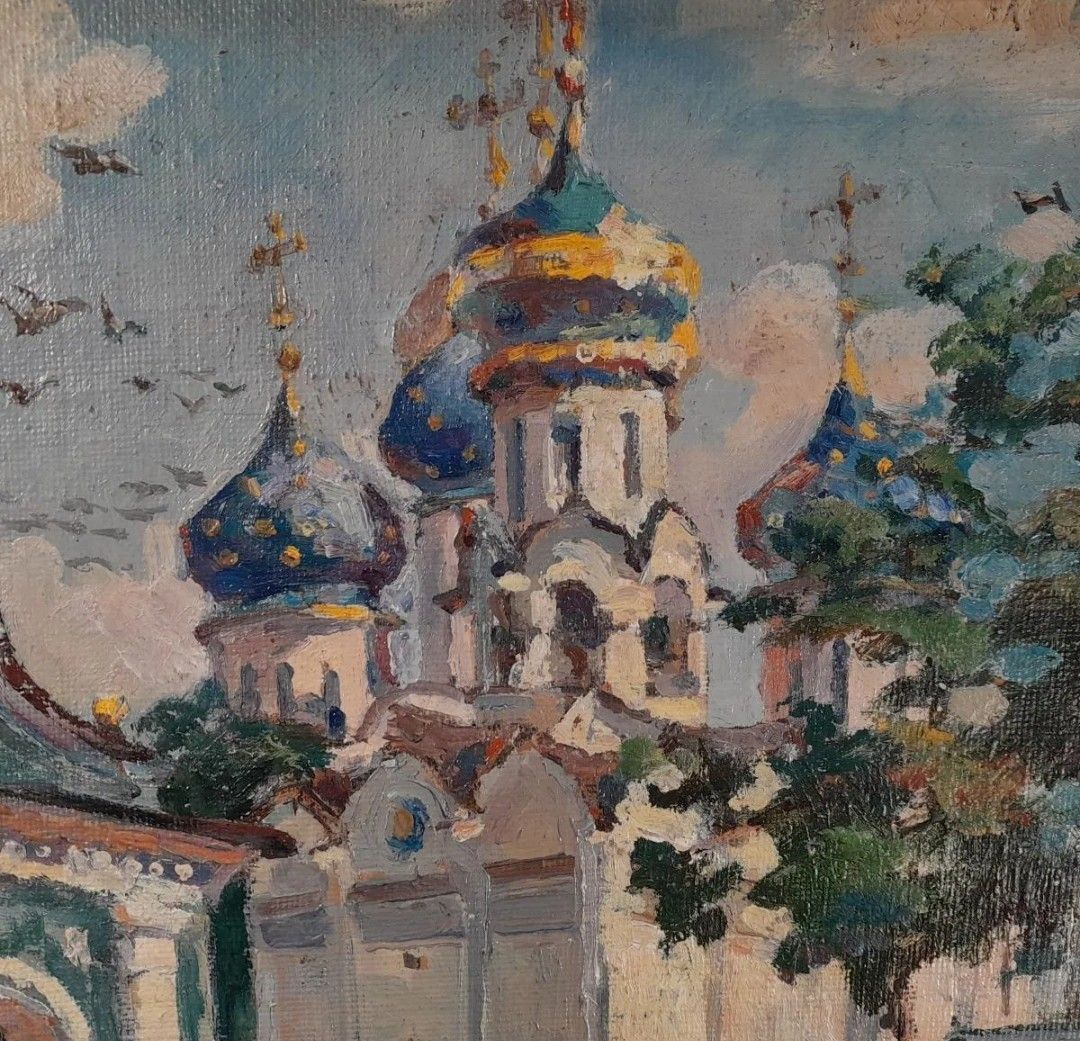 Antiek impressionistisch olieverfschilderij, stadsgezicht met kathedraal | 20e eeuw photo furniture