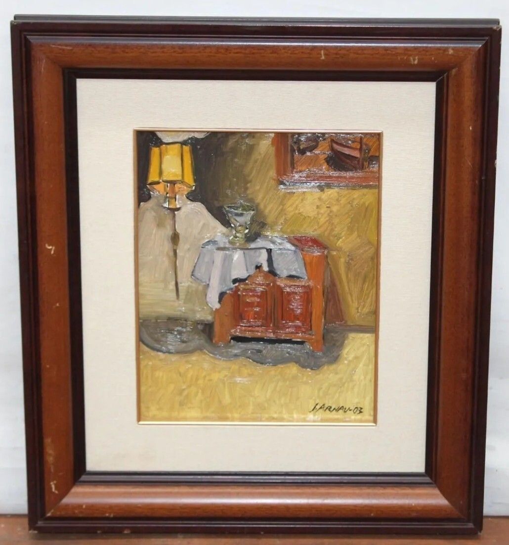 Antiek olieverfschilderij op paneel - Impressionistisch interieur met slaapkamerscène | 20e eeuw photo furniture