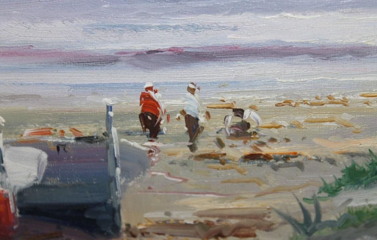 Olieverfschilderij Zeegezicht Boten met Impressionistische Figuren 20e Eeuw photo furniture