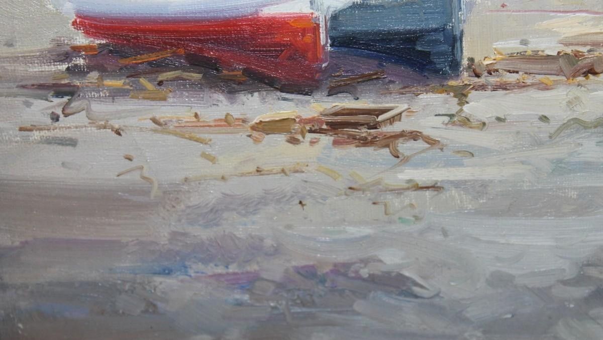 Olieverfschilderij Zeegezicht Boten met Impressionistische Figuren 20e Eeuw photo for sale