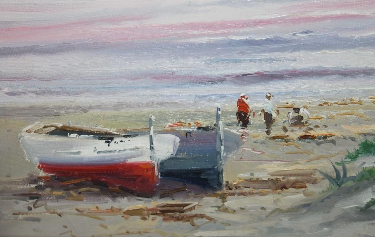 Olieverfschilderij Zeegezicht Boten met Impressionistische Figuren 20e Eeuw photo Kunst