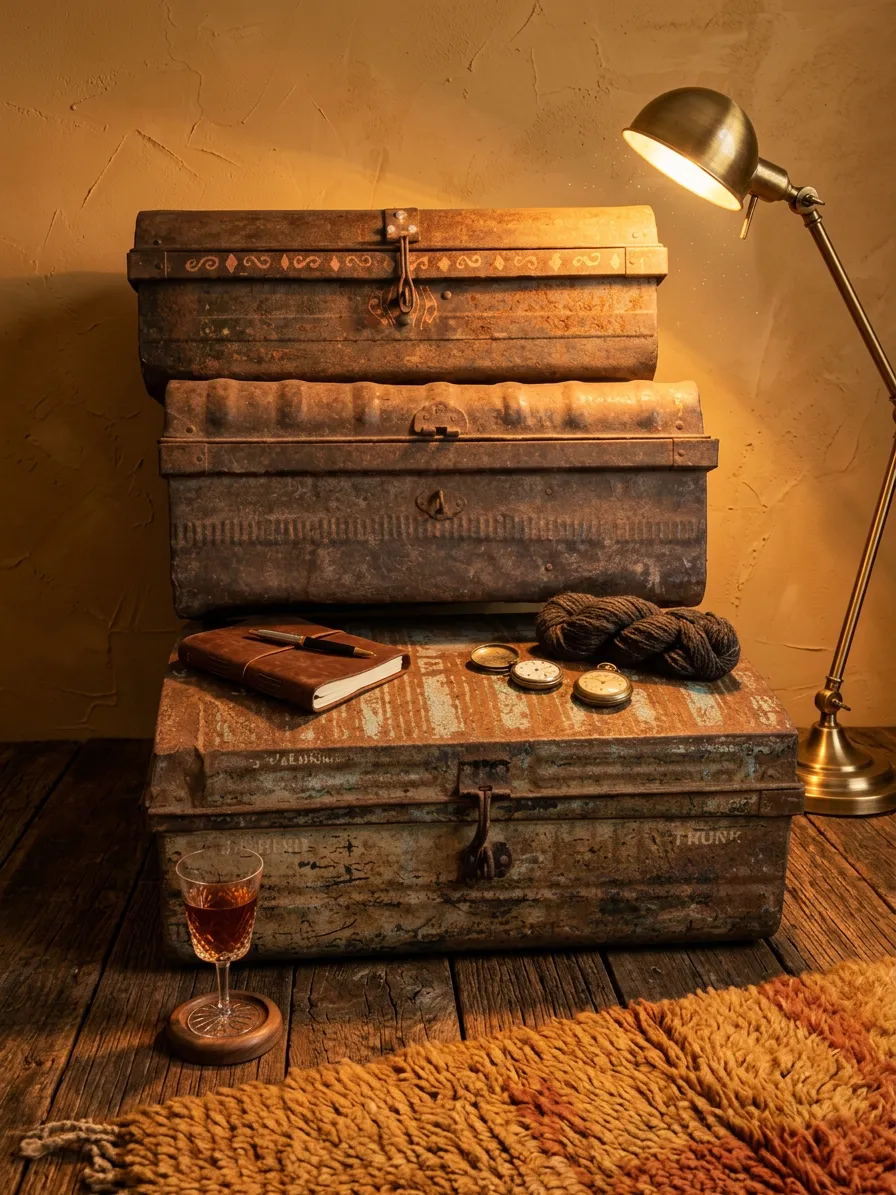 Assortment Of Antique Metal Chests Ideal For Shop Display Or Industrial Look photo Furniture
