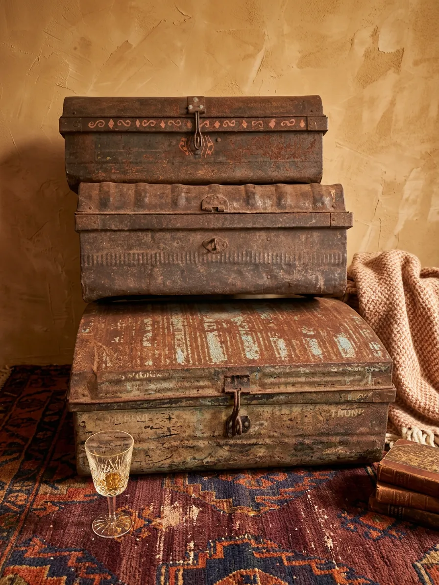 Assortment Of Antique Metal Chests Ideal For Shop Display Or Industrial Look photo 125.0