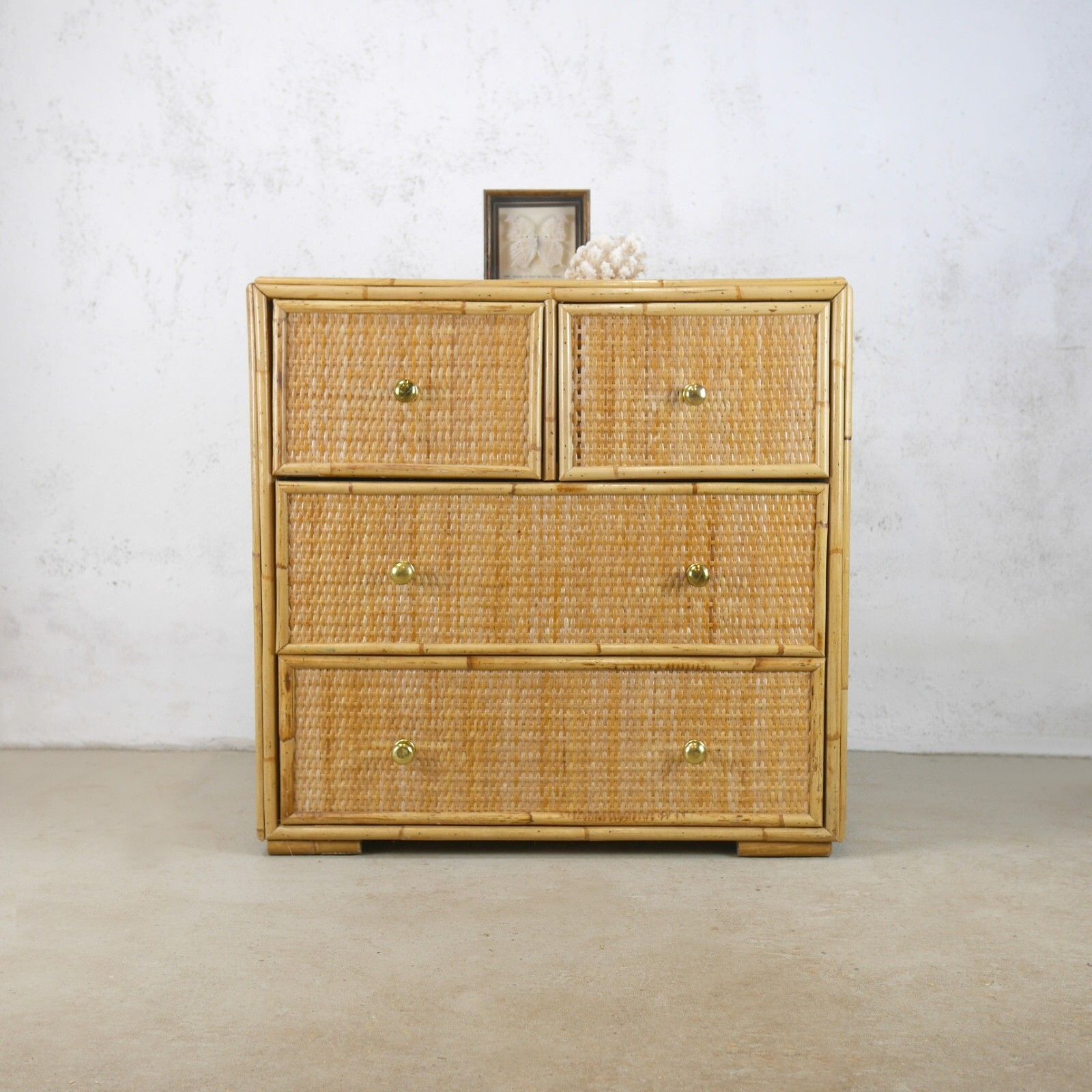 Vintage Mid Century Bamboo Rattan Chest Drawers Brass Angraves Glass Top #102844