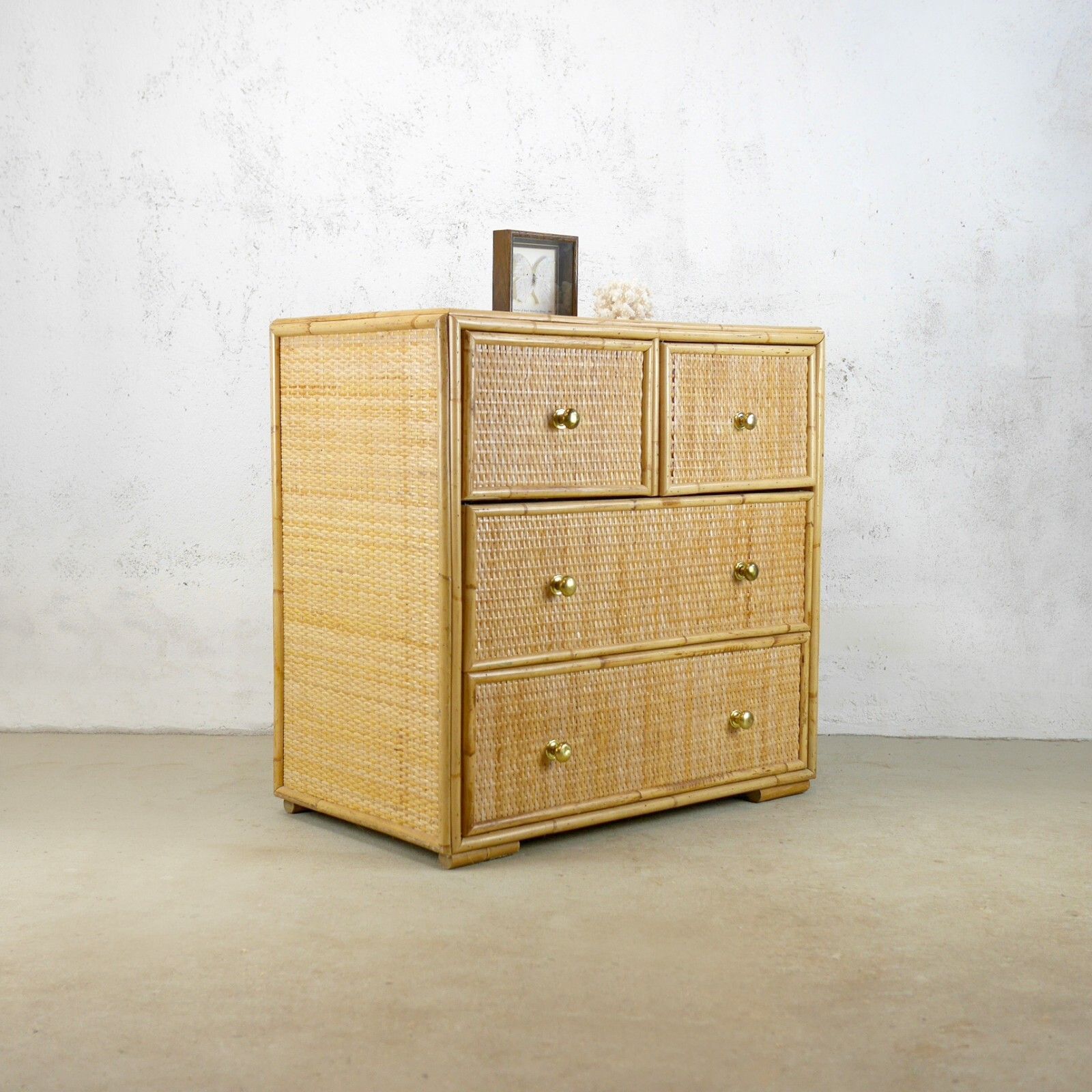 Vintage Mid Century Bamboo Rattan Chest Drawers Brass Angraves Glass Top #102844 photo furniture