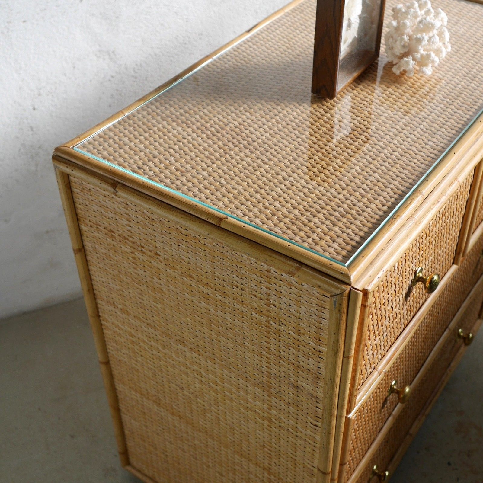 Furniture Vintage Mid Century Bamboo Rattan Chest Drawers Brass Angraves Glass Top #102844 photo
