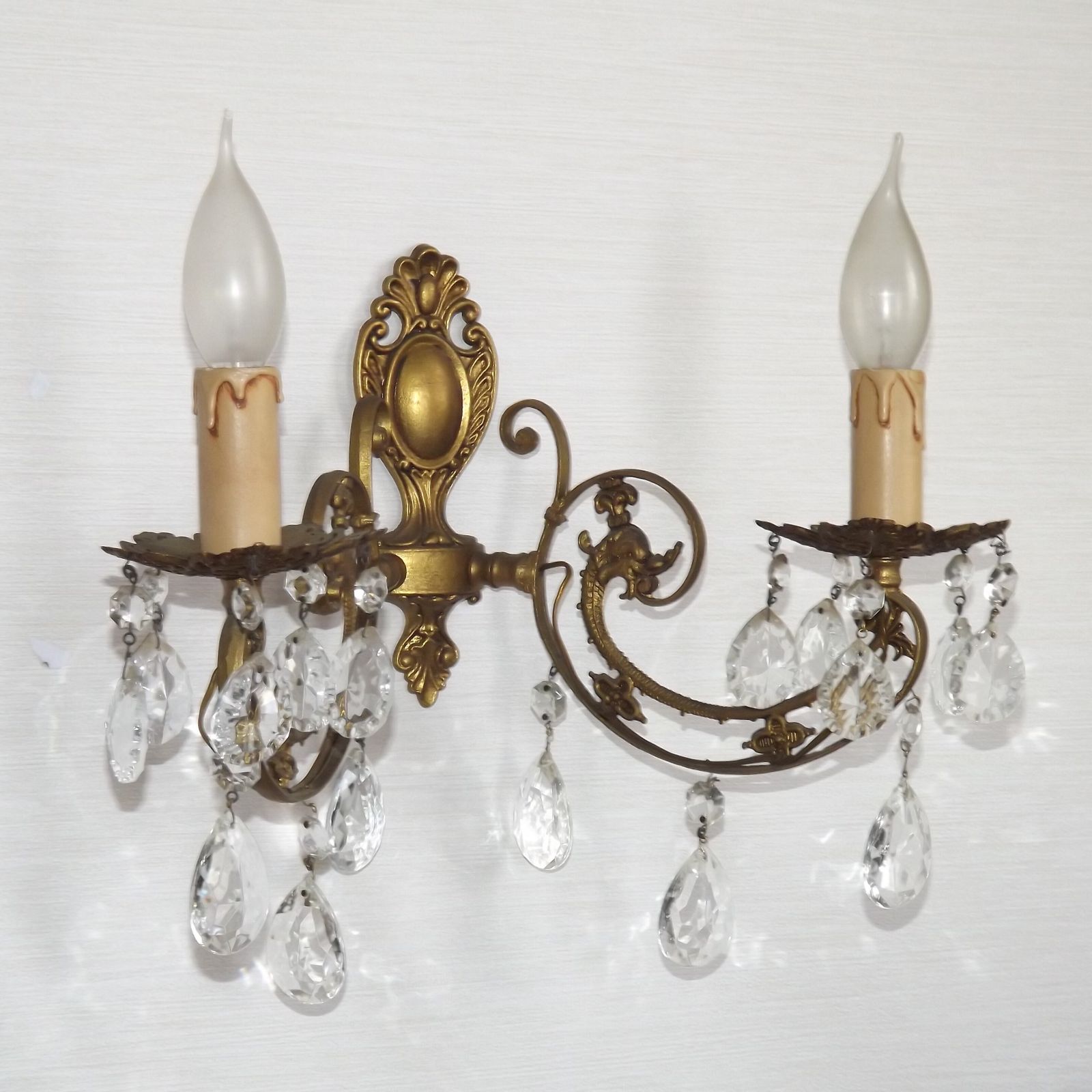 French Vintage Double Bronze & Crystal Wall Light   Stylized Dolphin Detail photo vintage
