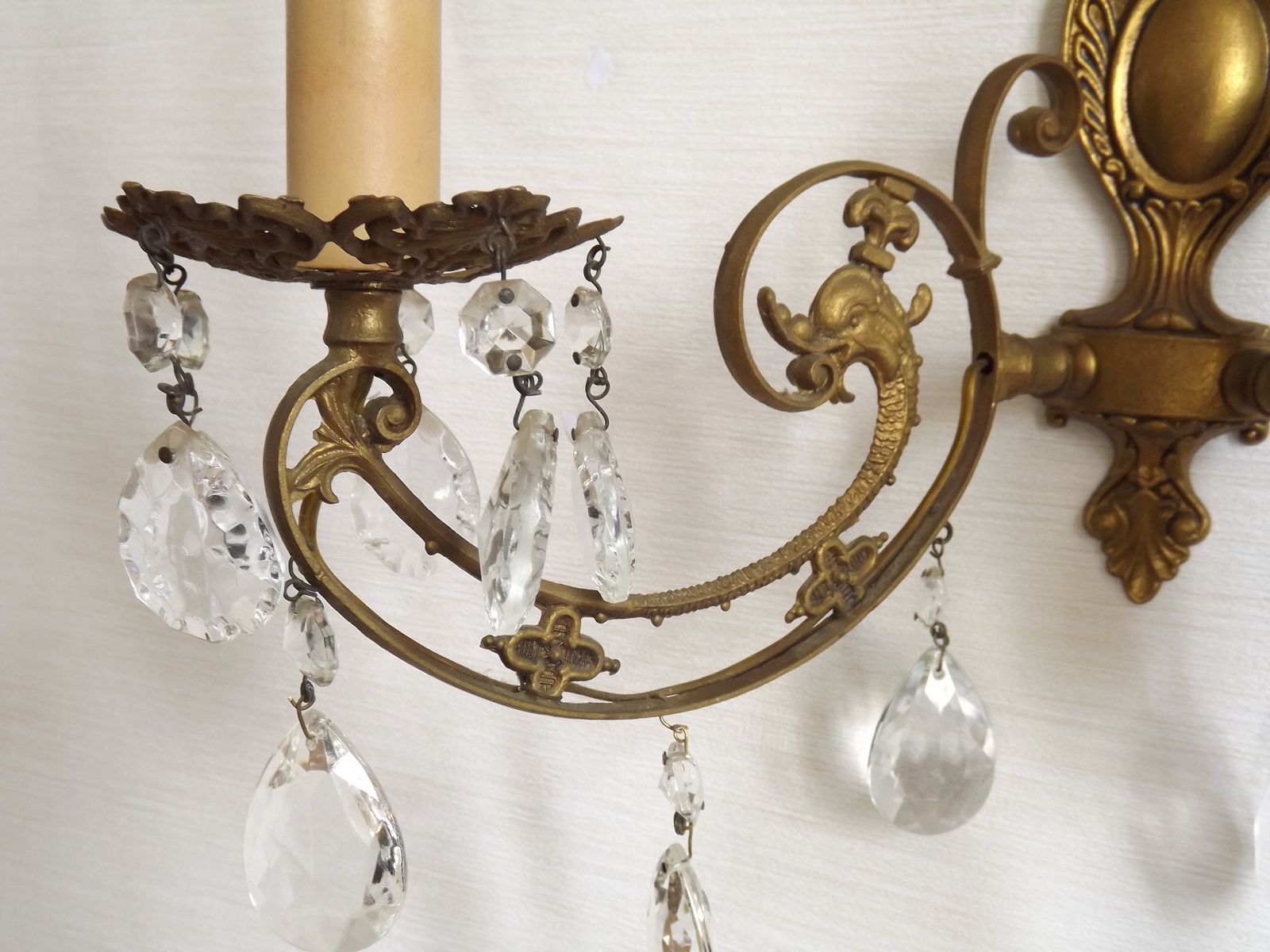145.0 French Vintage Double Bronze & Crystal Wall Light   Stylized Dolphin Detail photo