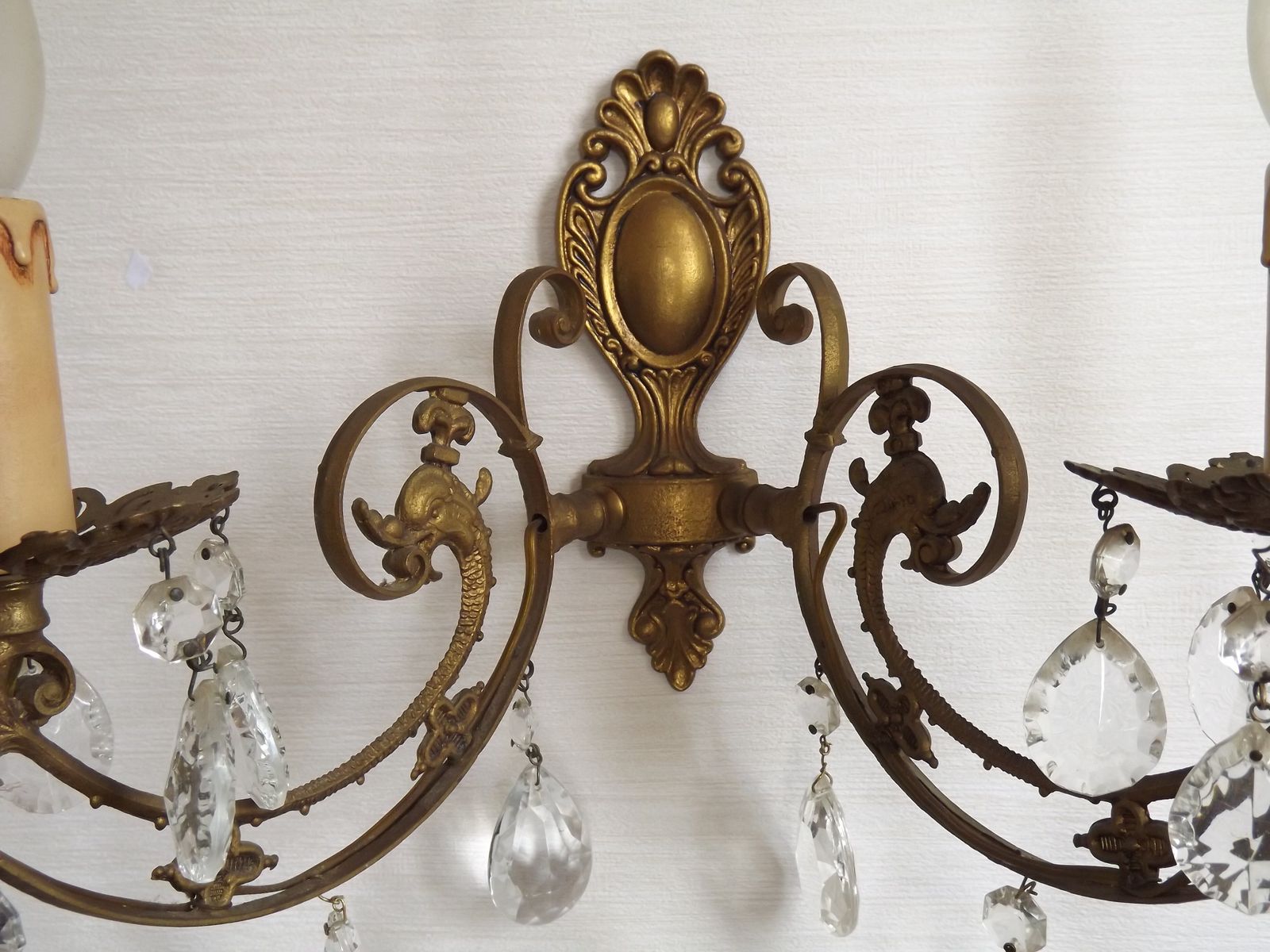 photo vinterior French Vintage Double Bronze & Crystal Wall Light   Stylized Dolphin Detail