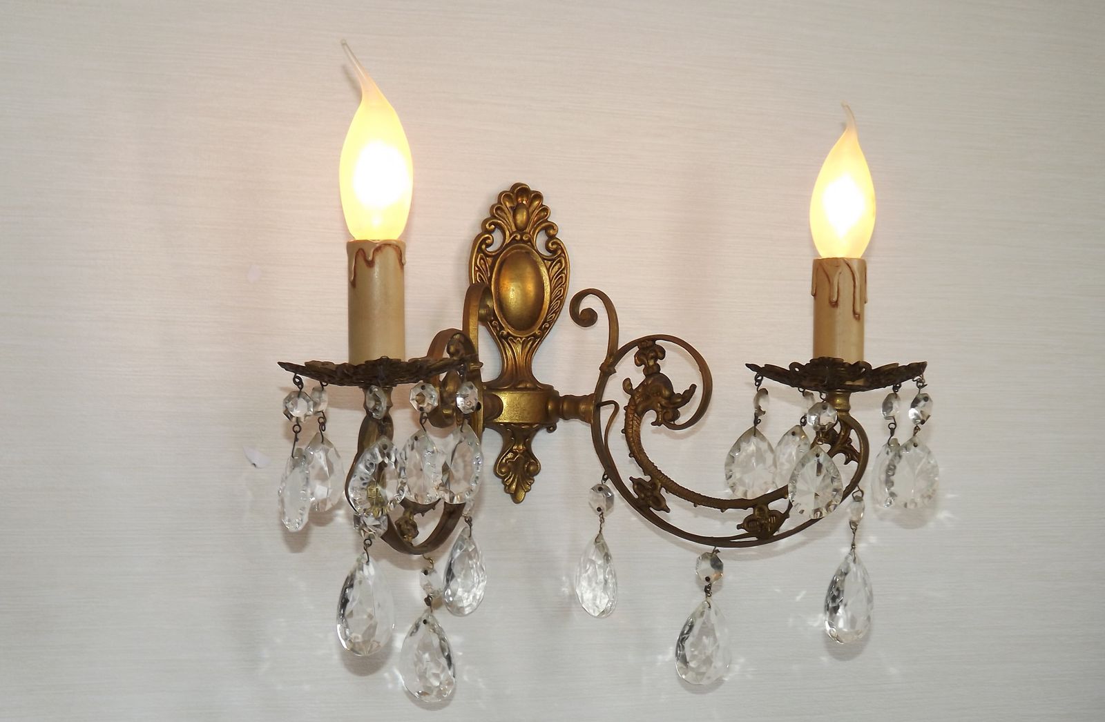 French Vintage Double Bronze & Crystal Wall Light   Stylized Dolphin Detail photo for sale