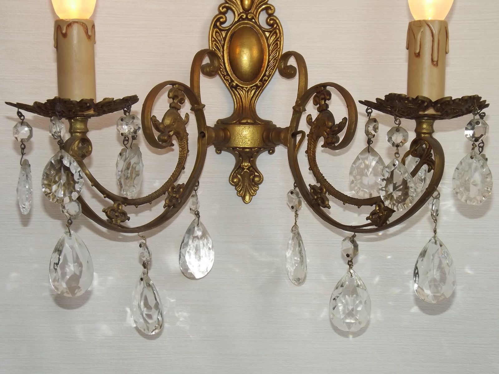 French Vintage Double Bronze & Crystal Wall Light   Stylized Dolphin Detail photo Lighting