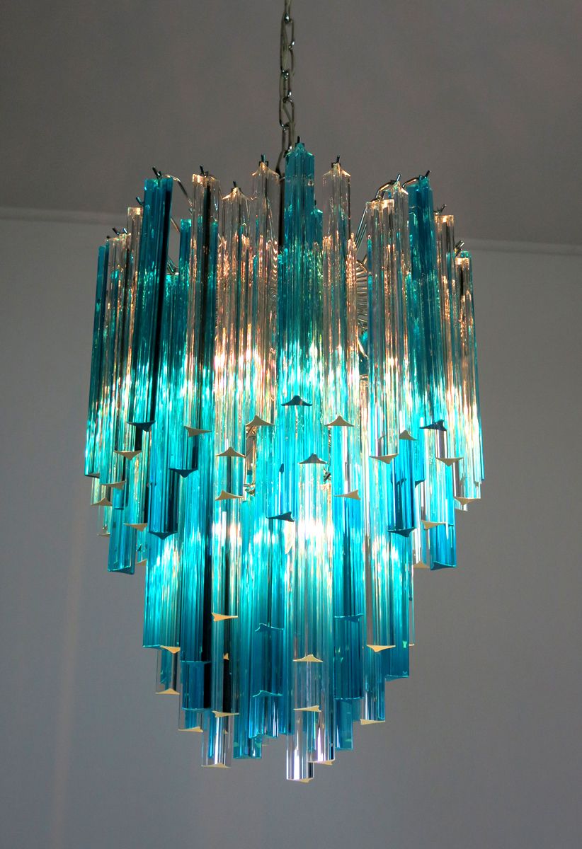 Murano Chandelier Triedri   92 Prism   Trasparent And Blue photo for sale